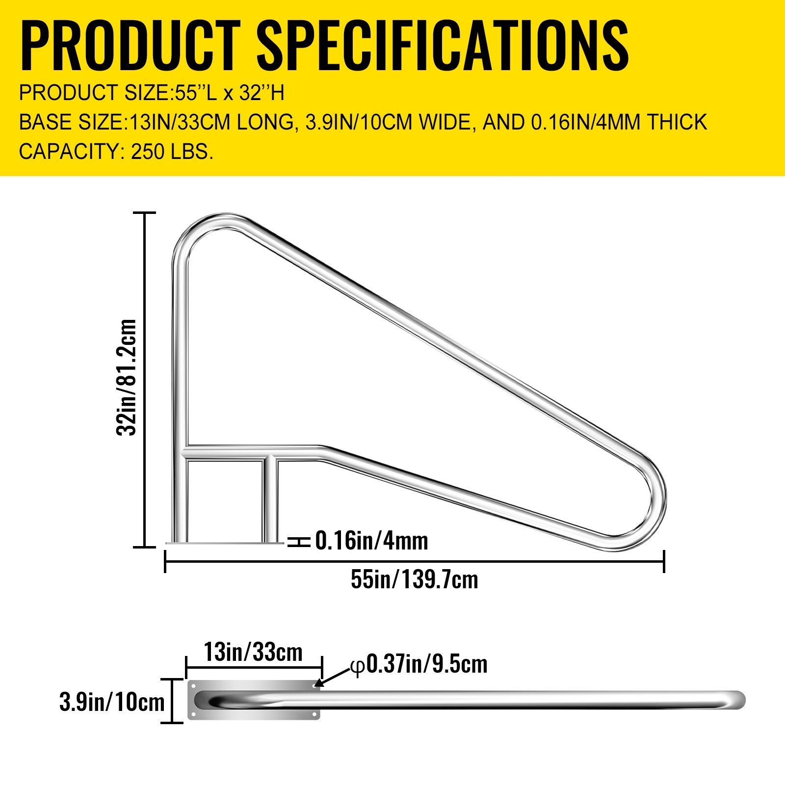 Pool Handrail Swimming 55'' x 32'' Pool Stair Rail Stainless Steel Pool Railing