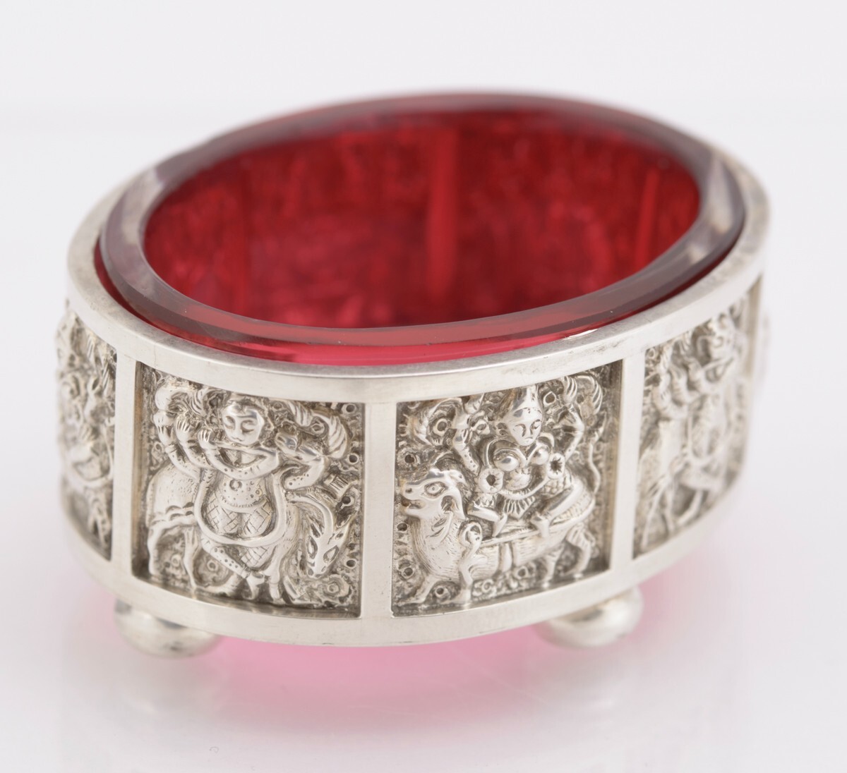 Pair Antique Victorian Sterling Silver & Cranberry Glass Salts Hallmarked 1888