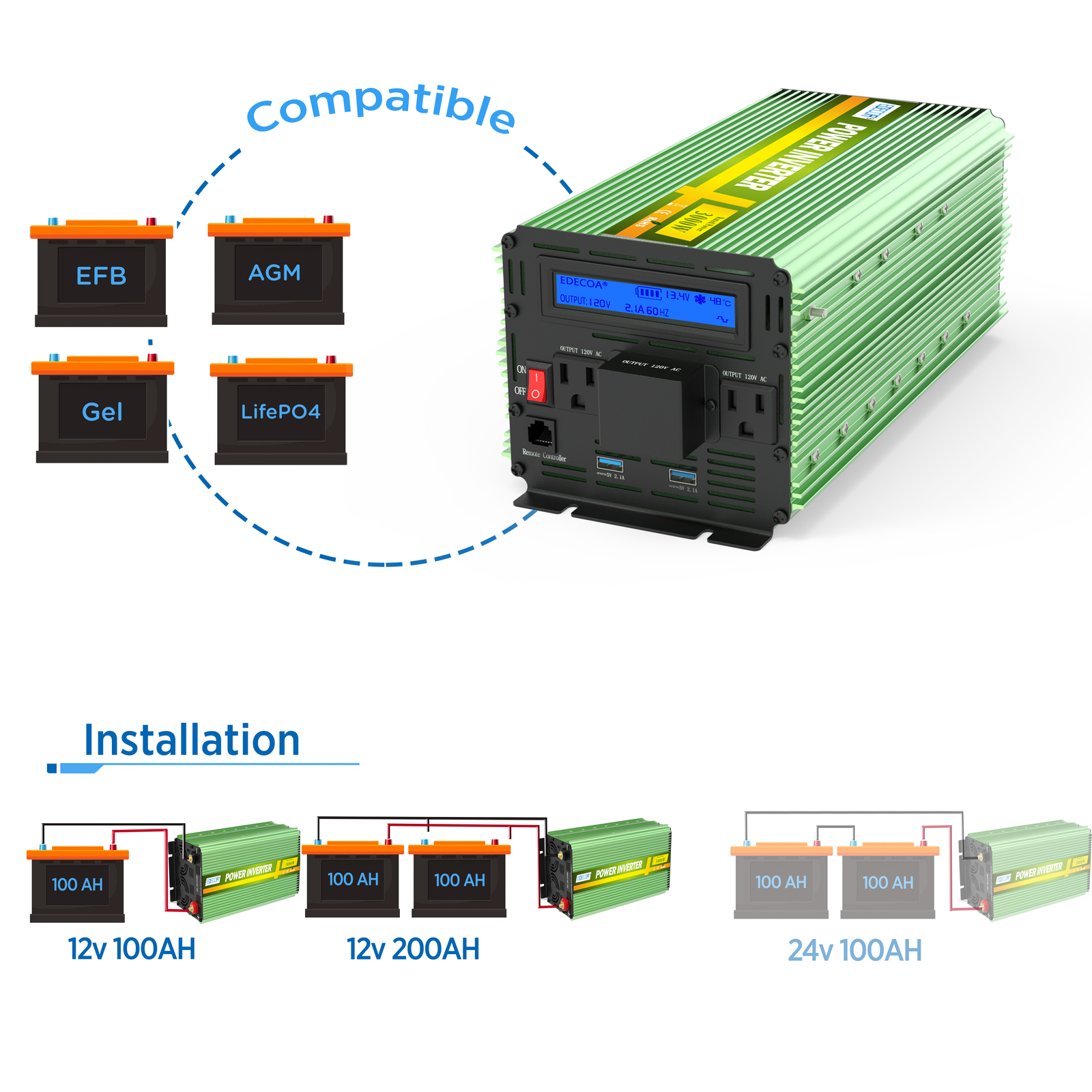 Power Inverter 3000 W 6000 Watt 12V DC to 110V 120V AC LCD Cable Car RV EDECOA