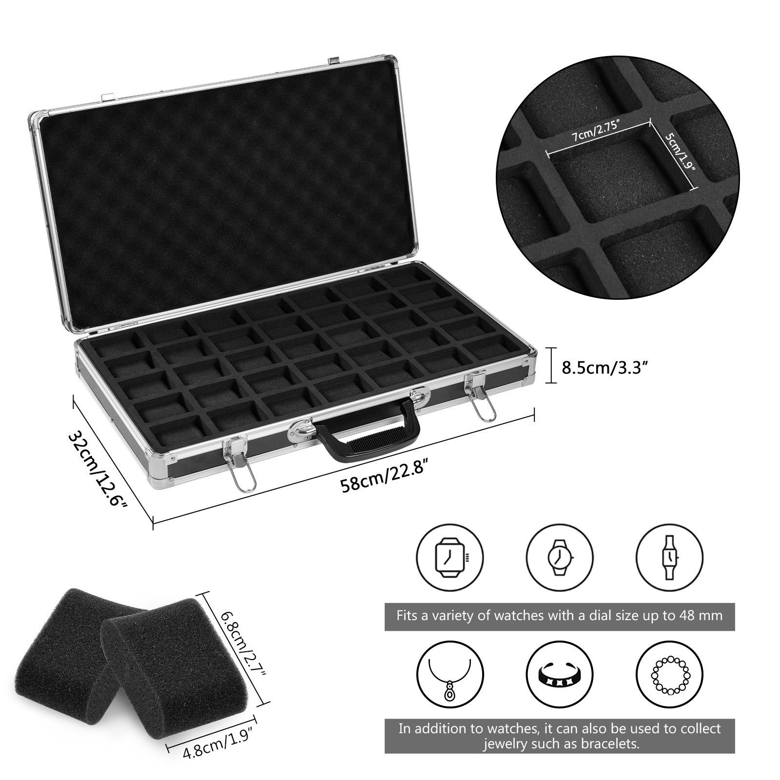 35 Slots Aluminum Watch Display Case Lockable Watch Jewelry Storage Showing Box