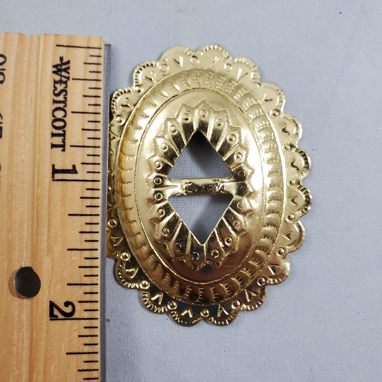 Lot of 34 Slotted Oval Conchos Brass Tone Scalloped Different Sizes Crafts Vtg