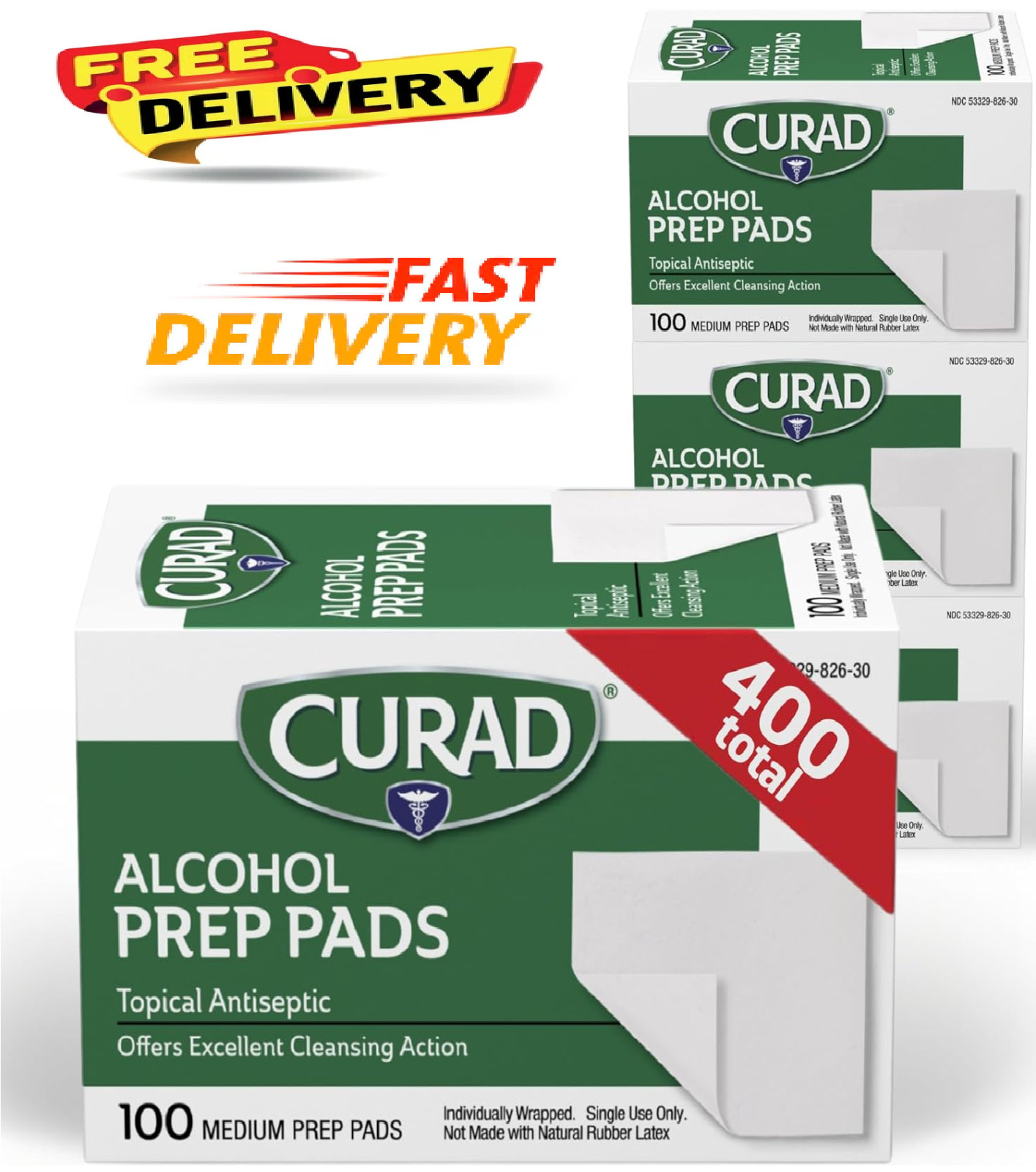CURAD Alcohol Prep Pads (Pack of 4 Boxes) | 400 Pieces of Medium Isopropyl Wipes