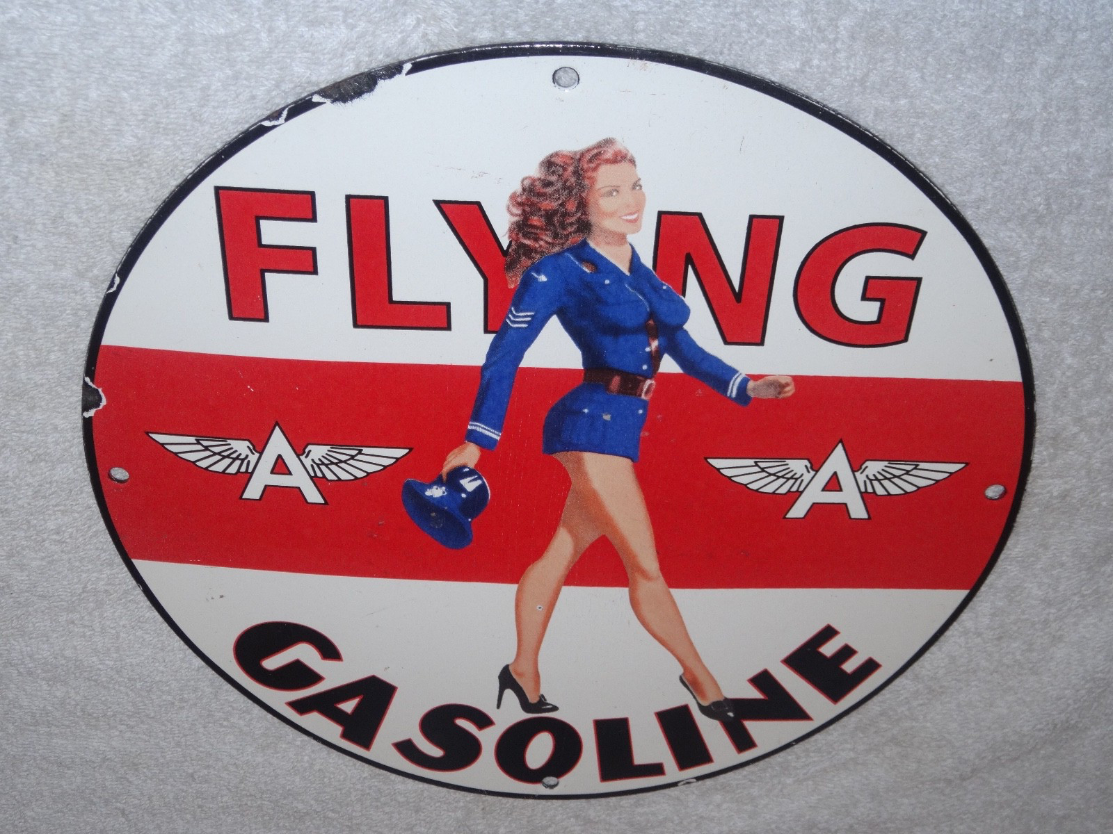 VINTAGE FLYING A AIRPLANE STEWARDESS WOMAN 11 3/4" PORCELAIN METAL GASOLINE SIGN