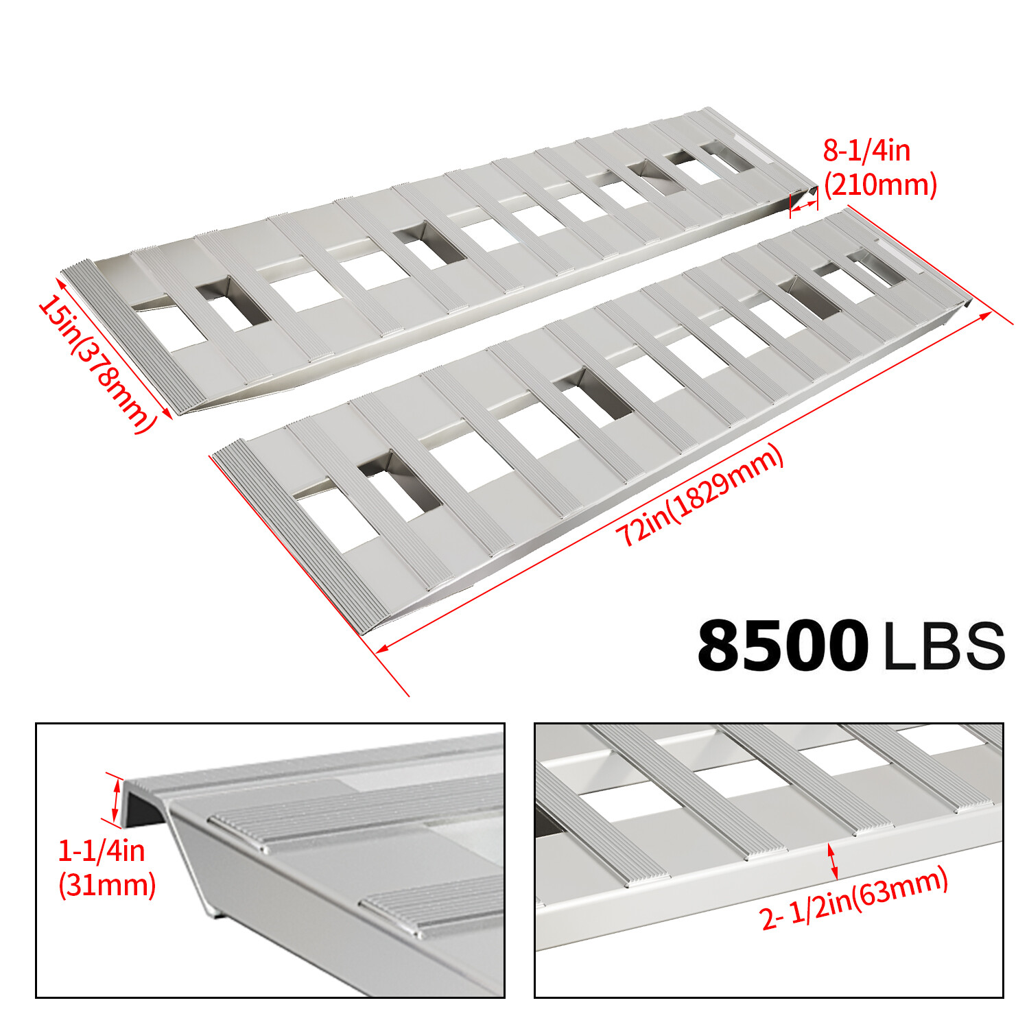 72"x15" Pair Aluminum 8500 LBS Hook Ramps Car Truck Trailer Auto Hauler Tractor