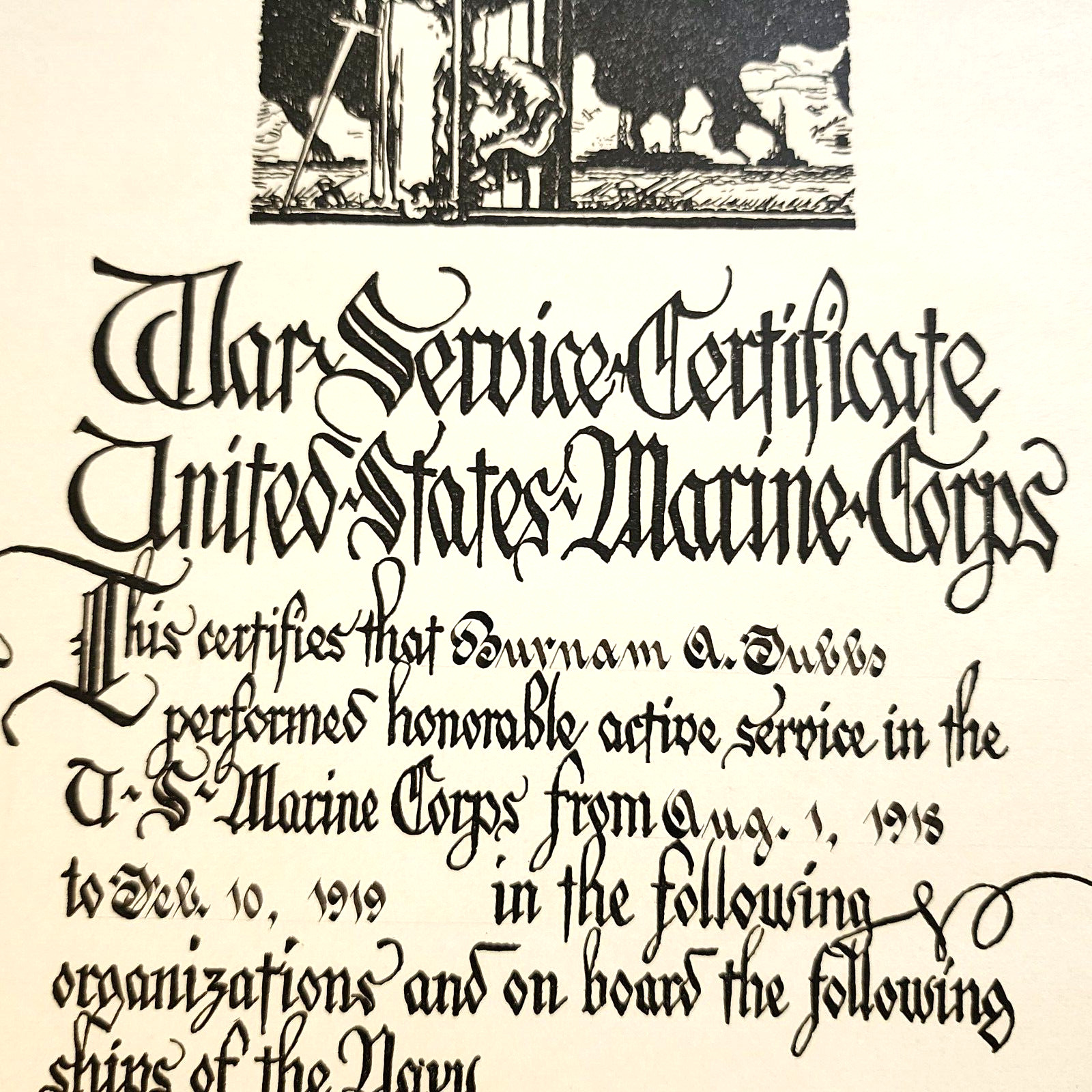 WWI 1919 U.S. MARINE CORPS USMC SERVICE CERTIFICATE