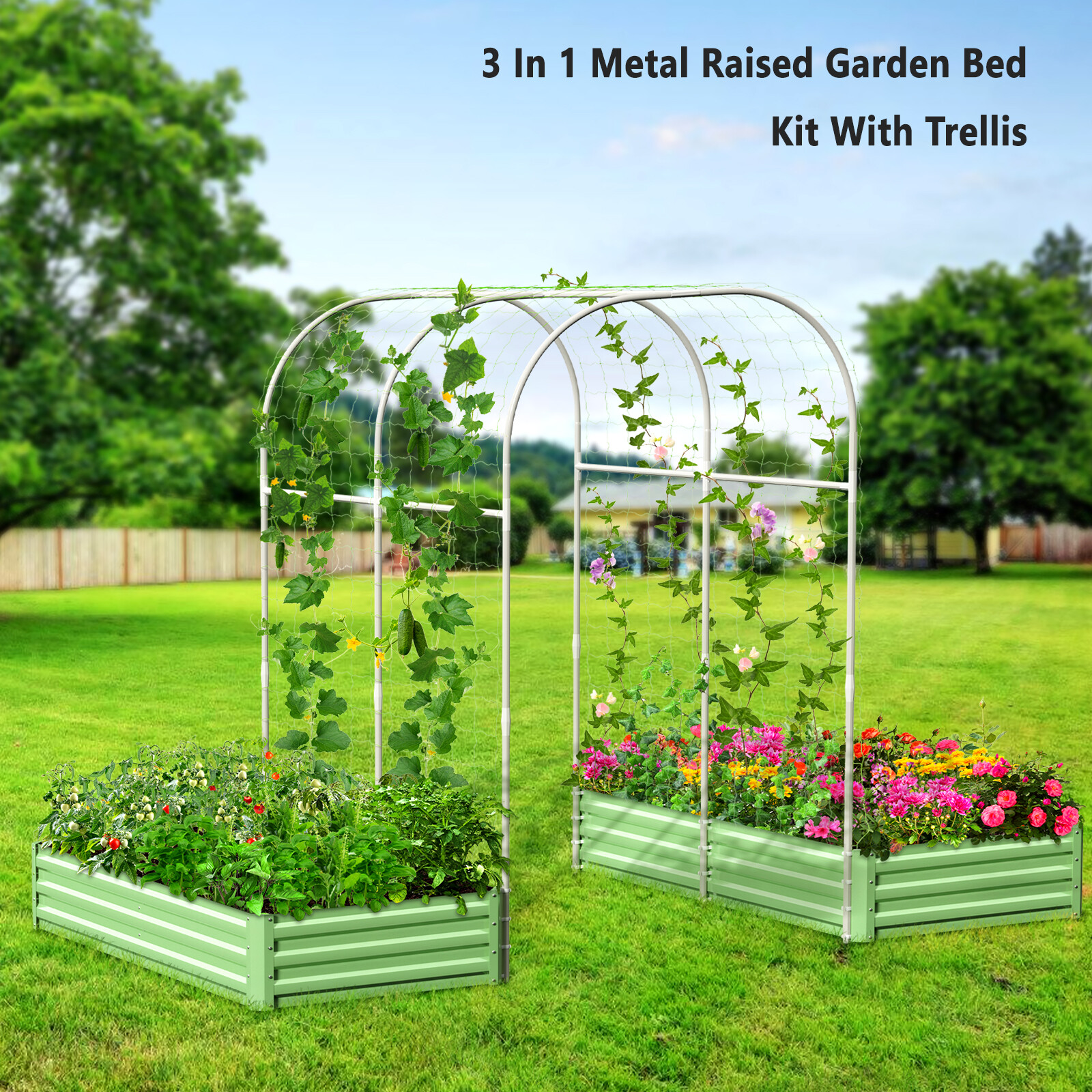 SLSY Galvanized Raised Garden Bed with 85in Tall Garden Trellis for Vegetables