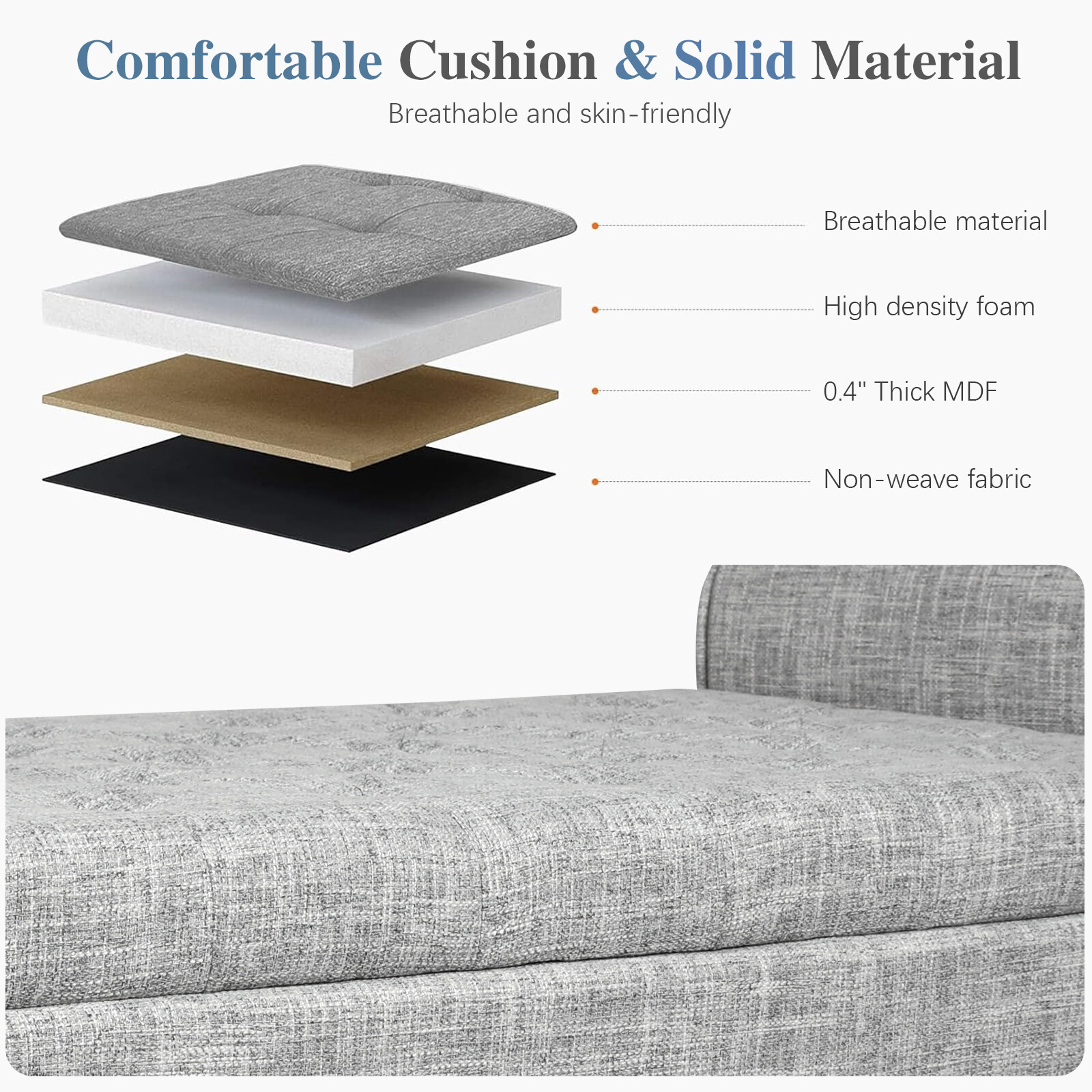 51" Upholstered Storage Ottoman End of Bed Bench Foot Rest with Rolled Arms