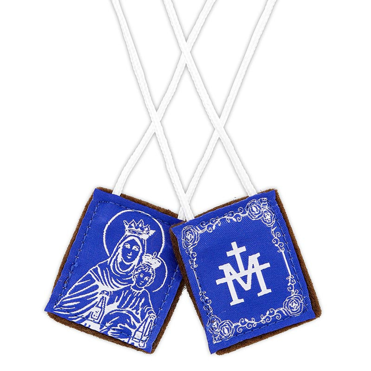 Blue  Embroidered Wool Back Scapular (N5545) - 1-1/2" tall -  16-1/2" Long Cord
