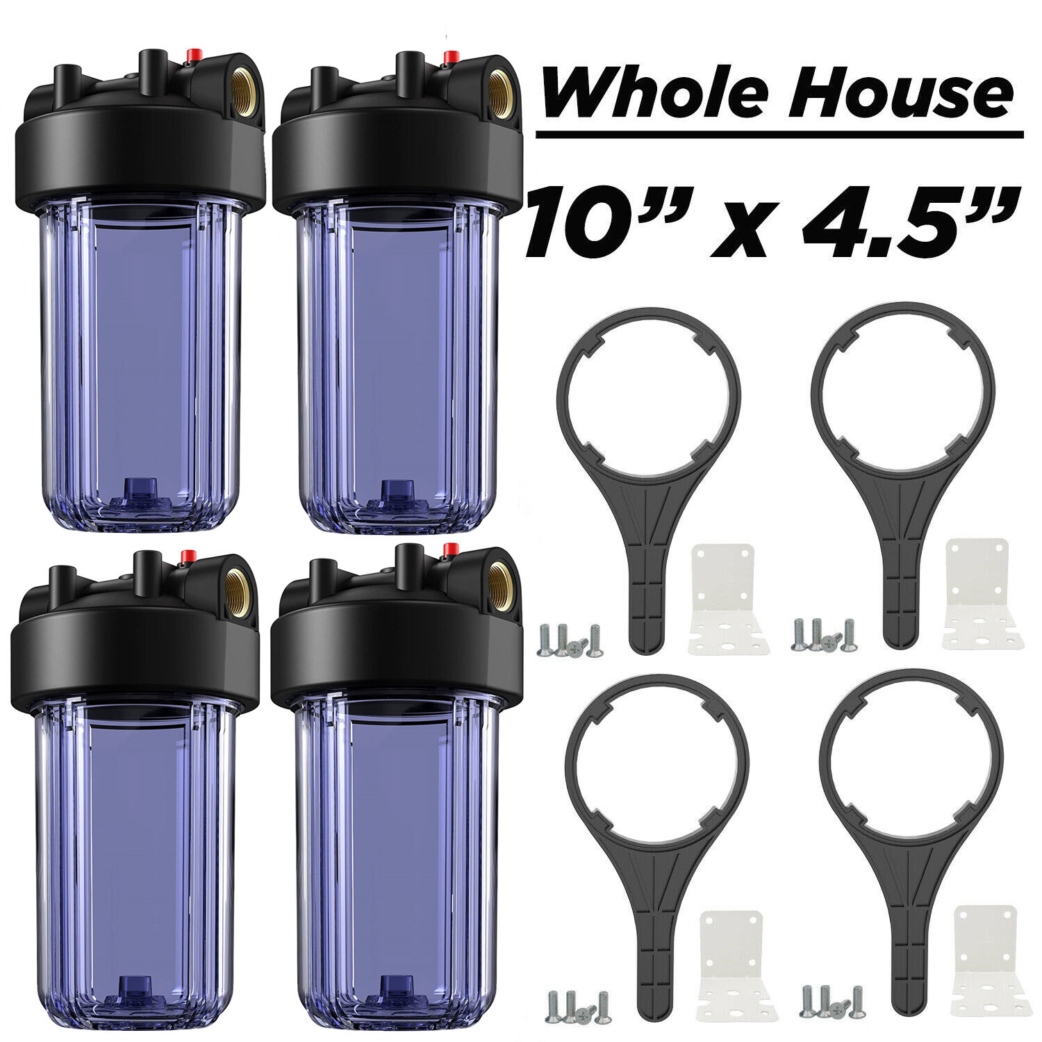 4 Pack 10 Inch Clear Home RO Whole House Water Filter Housing 4.5" x 10" System