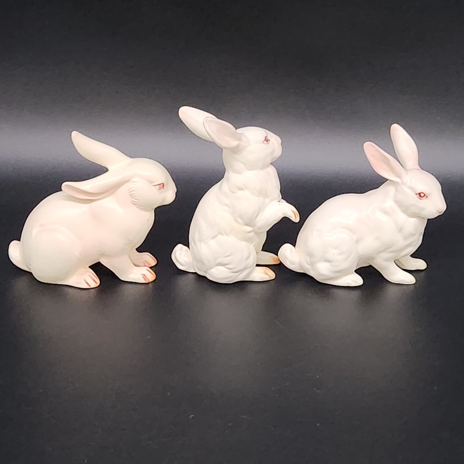 Set Of 3 Vtg Ceramic Lefton White Bunnies Rabbits H7143 & H880 Pink Eyes Easter