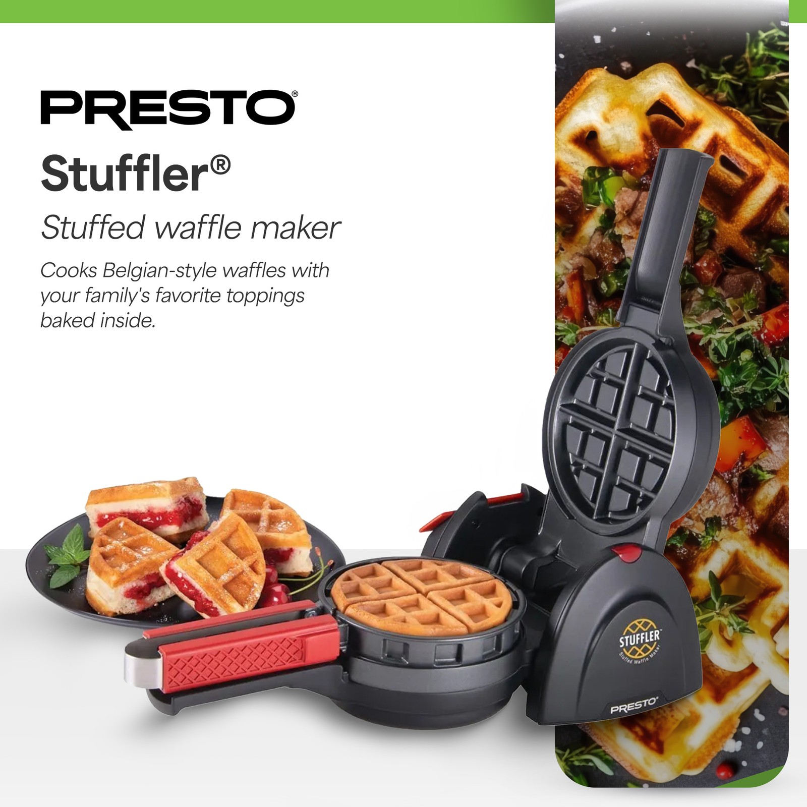 Presto Stuffler Stuffed Belgian Waffle Maker Nonstick Appliance, Large, Black