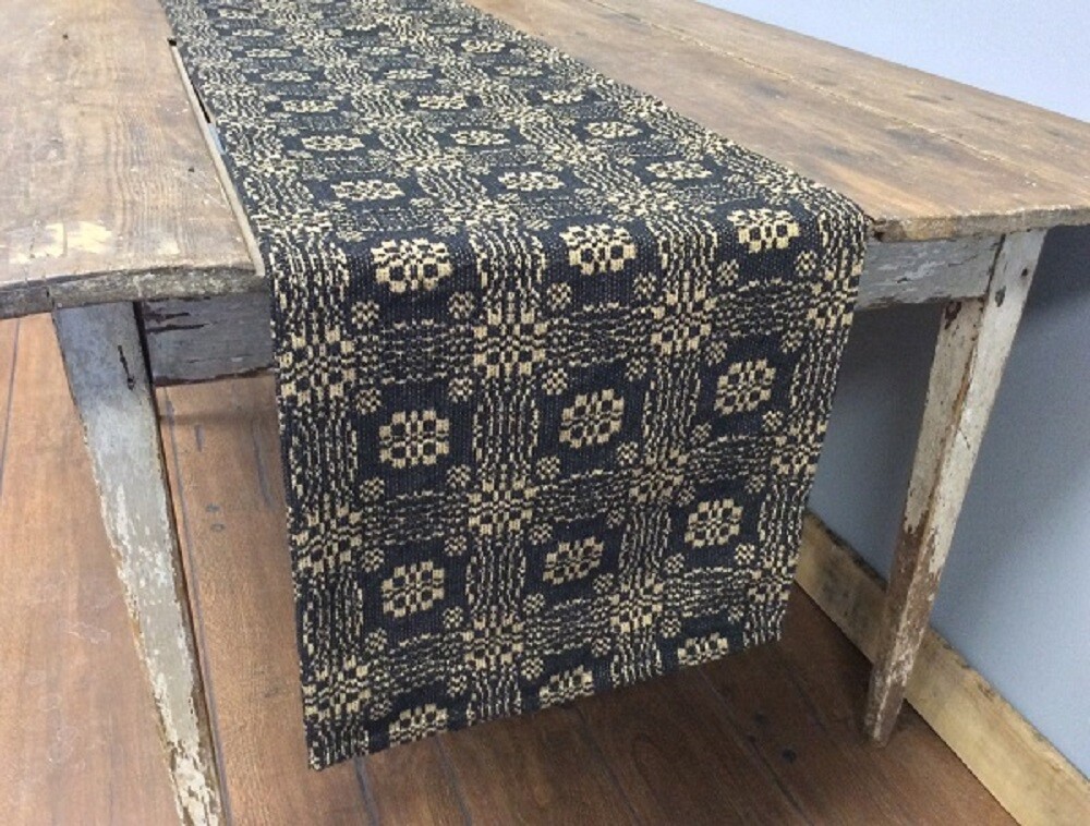 NEW PRIMITIVE BLACK TAN TABLE RUNNER 32" x 14" GETTYSBURG WOVEN Farmhouse Rustic