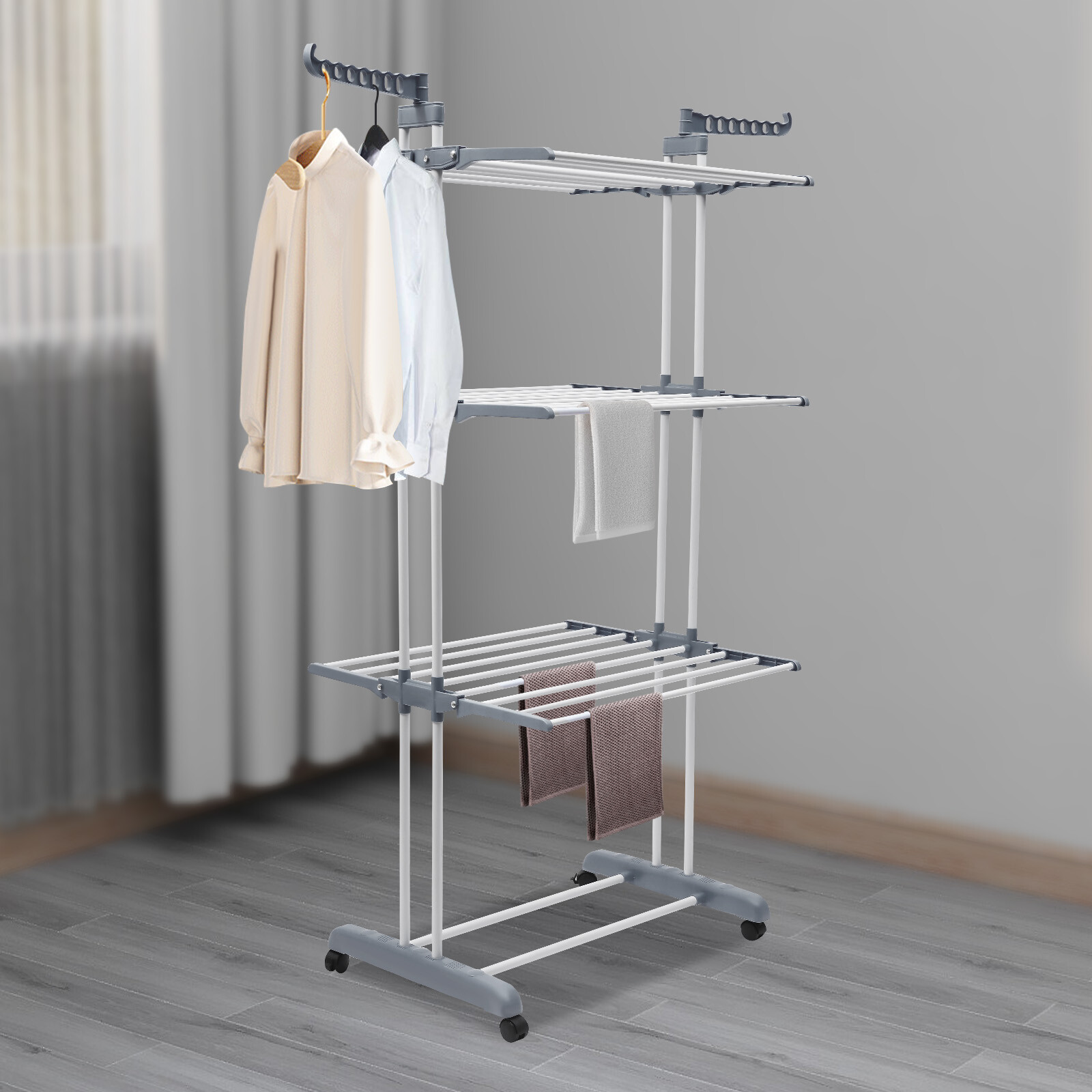 4 Tier Mobile Clothes Drying Rack Metal Laundry Garment Dryer Stand W/Wheels