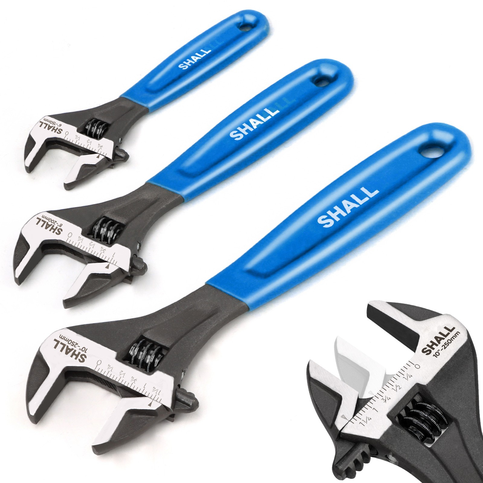 SHALL 3 Pc Adjustable Wrench Set,10/8/6 Inch Cr-V Steel Wrench with Cushion Grip