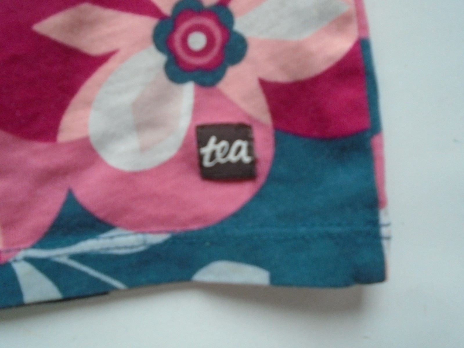 Tea Girls Size 4 Teal Blue w/Pink & White Flowers Cap Sleeve Cotton Dress