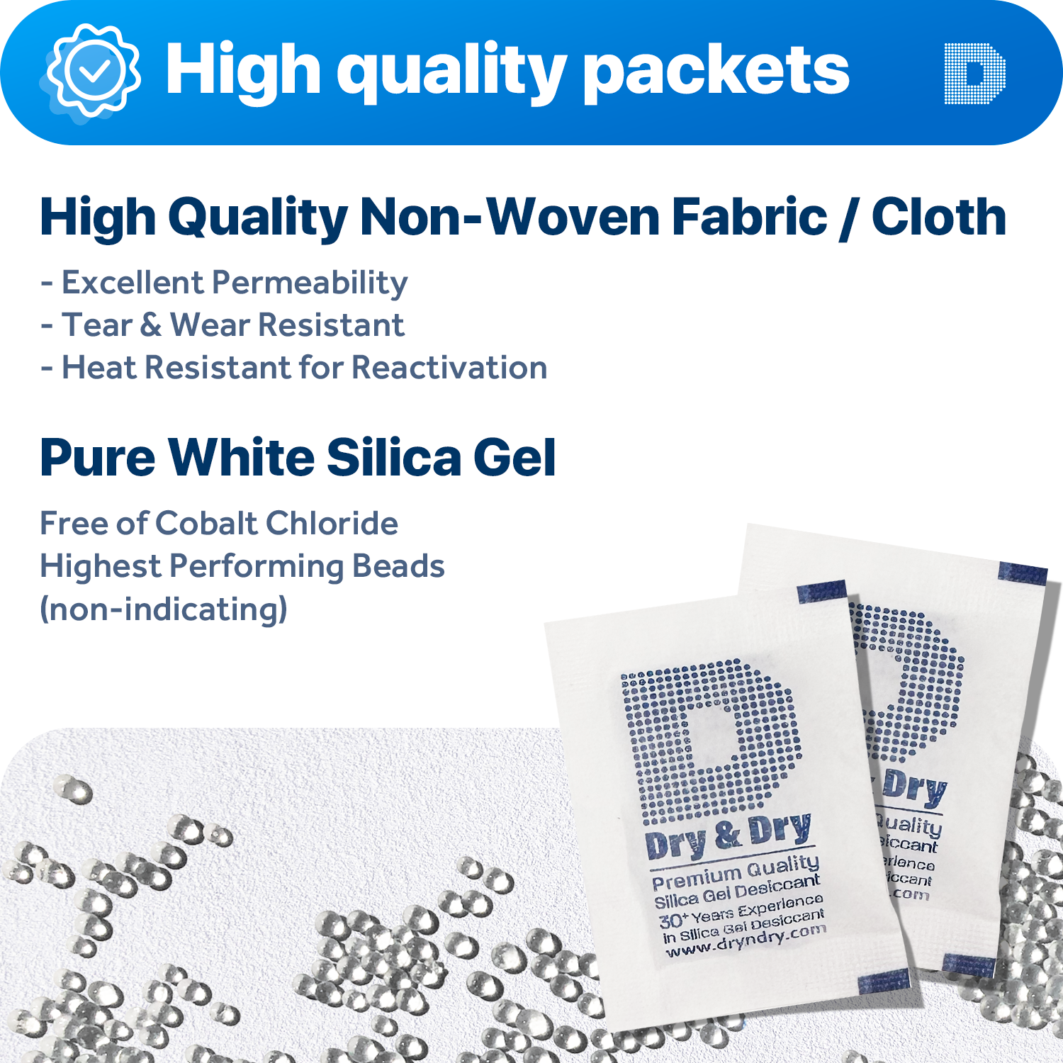 5 Gram [50 Pack] "Dry & Dry" Silica Gel Desiccant Packets - Rechargeable Cloth