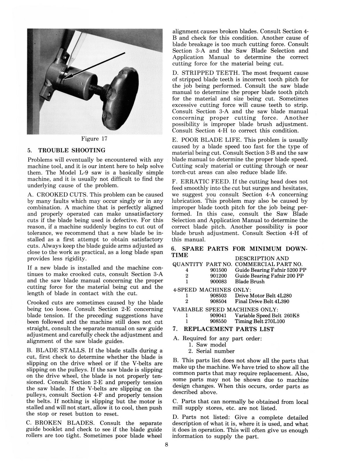 W.F. Wells Horizontal Bandsaw L-9 Operator, Maint, & Parts LIst Manual #1828