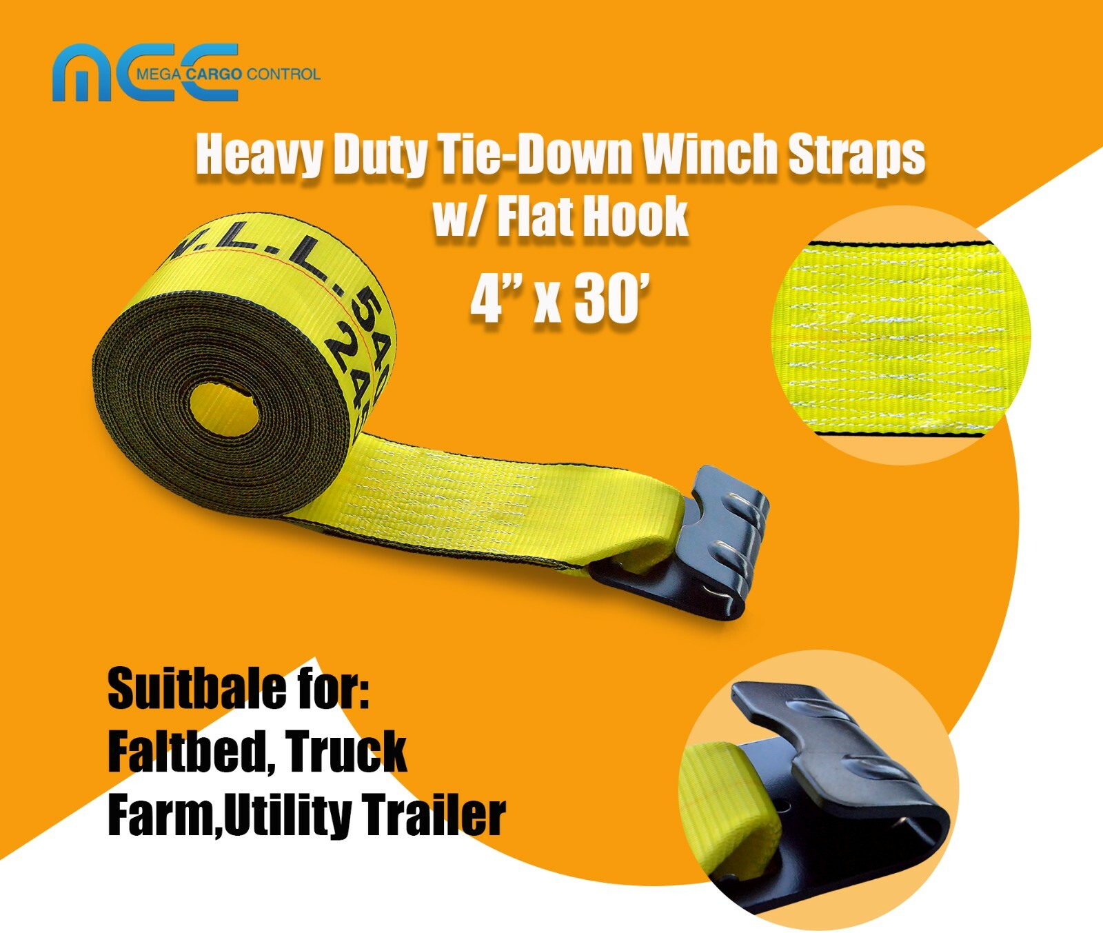 Heavy Duty 4" x 30' Winch Strap w/ Flat Hook Flatbed Truck Trailer Farm Tie Down