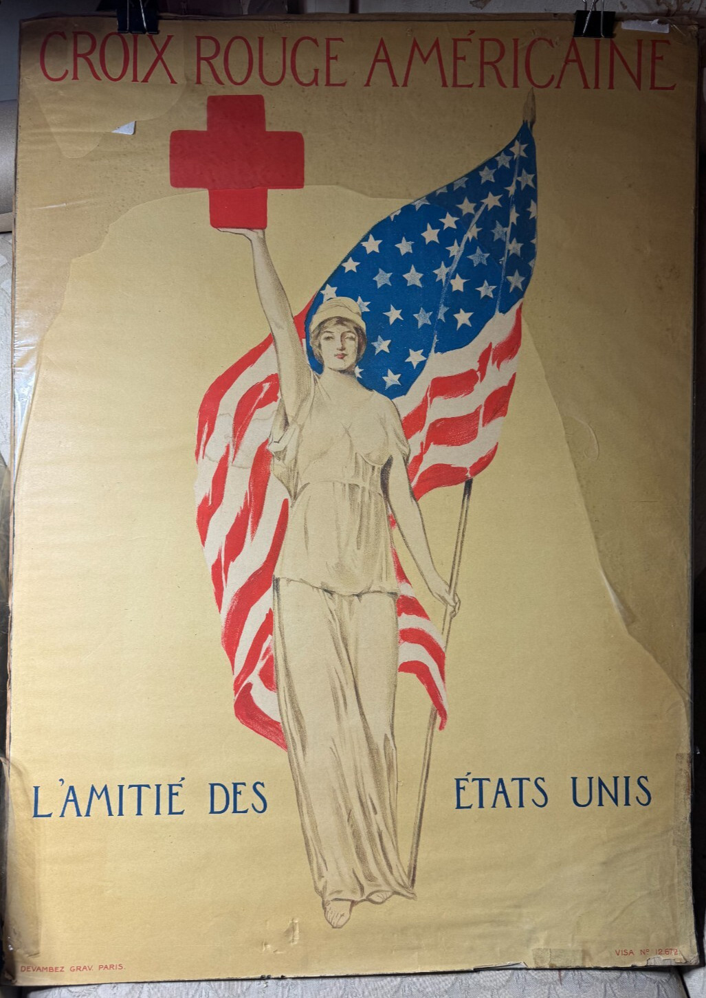 Rare Original WW1 "Croix Rouge Americaine, L'Amitie Des Etats Unis" Poster