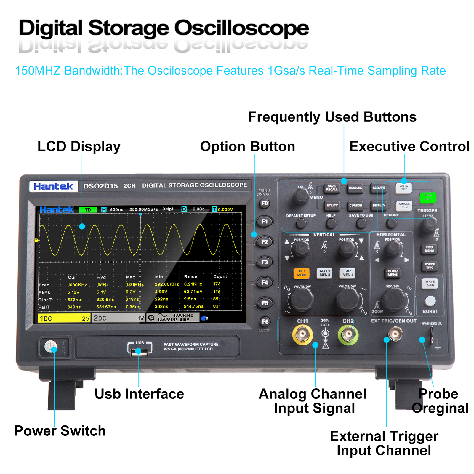 Hantek Digital DSO2000 Series Oscilloscope 2CH+1CH 1GSa/s 100/150MHz 25MHz AWG