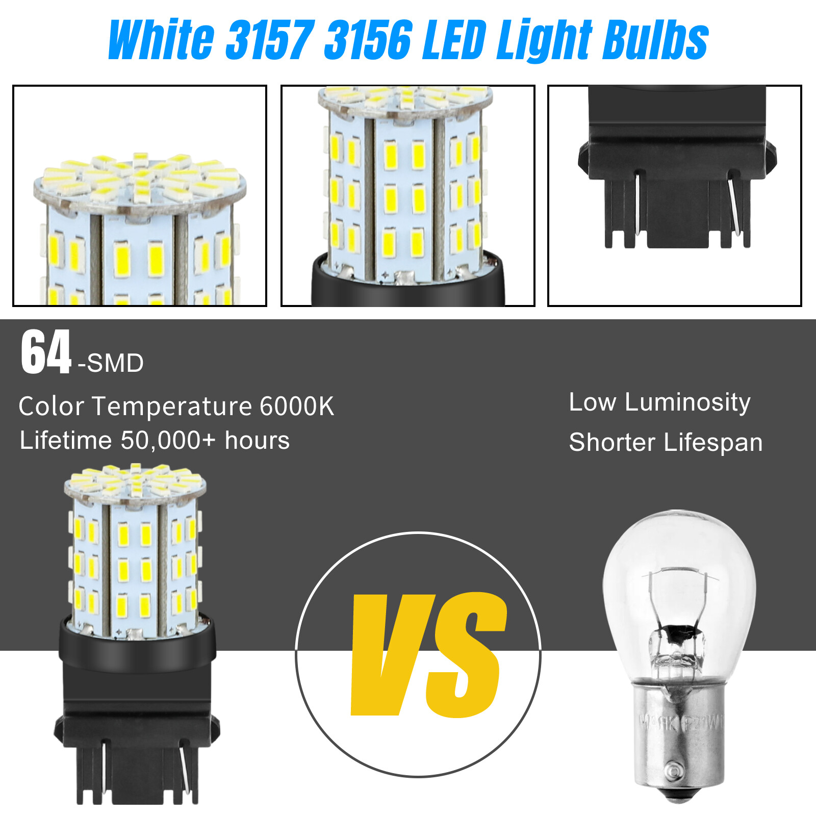 4X 3157 64SMD LED Reverse Tail Brake Stop Turn Signal DRL Light Bulb 6000K White