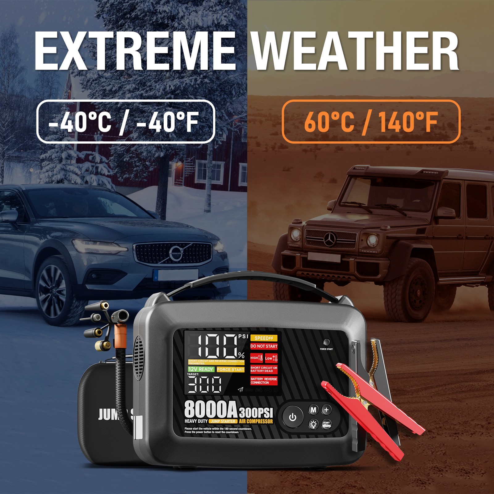 Truck Heavy Duty 8000A Jump Starter with Air Compressor Power Bank Battery Safe