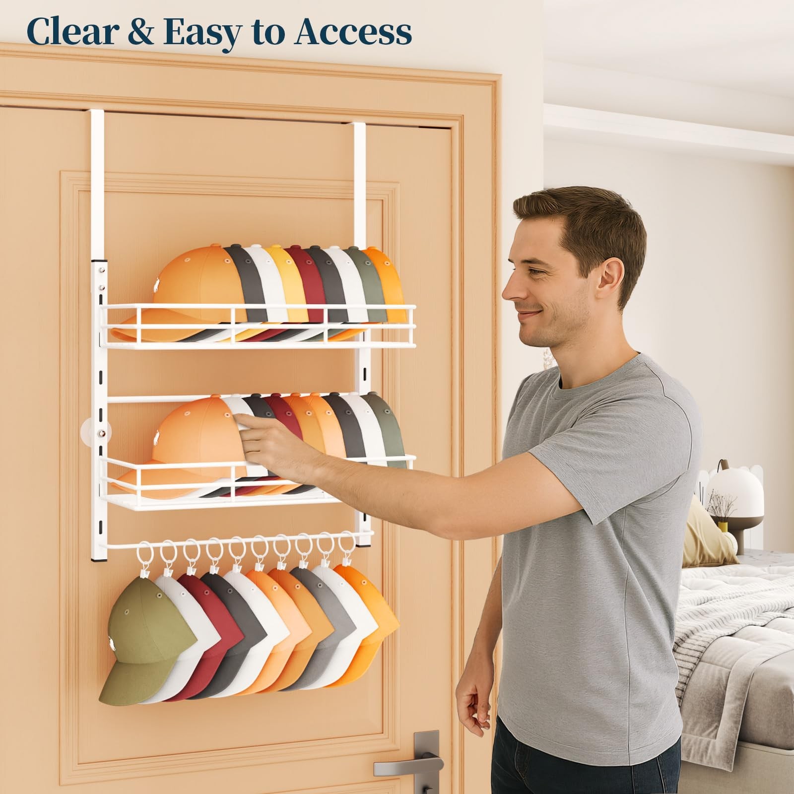 Over Door Hat Organizer 3 Tier Wall Mounted Hat Rack with 2 Adjustable Metal...