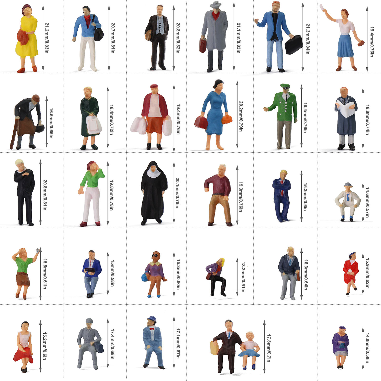 30pcs Different Poses HO Scale 1:87 Well Painted Standing Seated People Figures