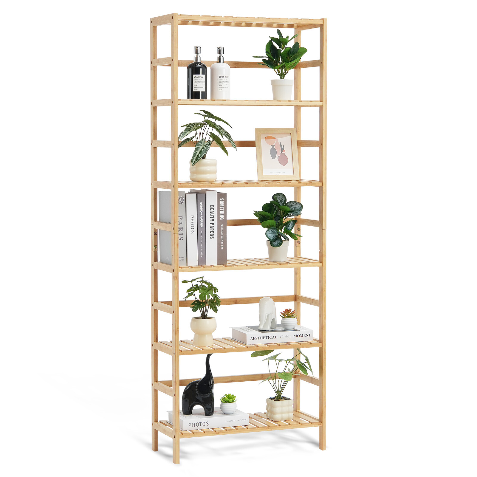 6-Tier Bamboo Ladder Bookcase 63" Display Shelf Storage Rack Plant Flower Stand