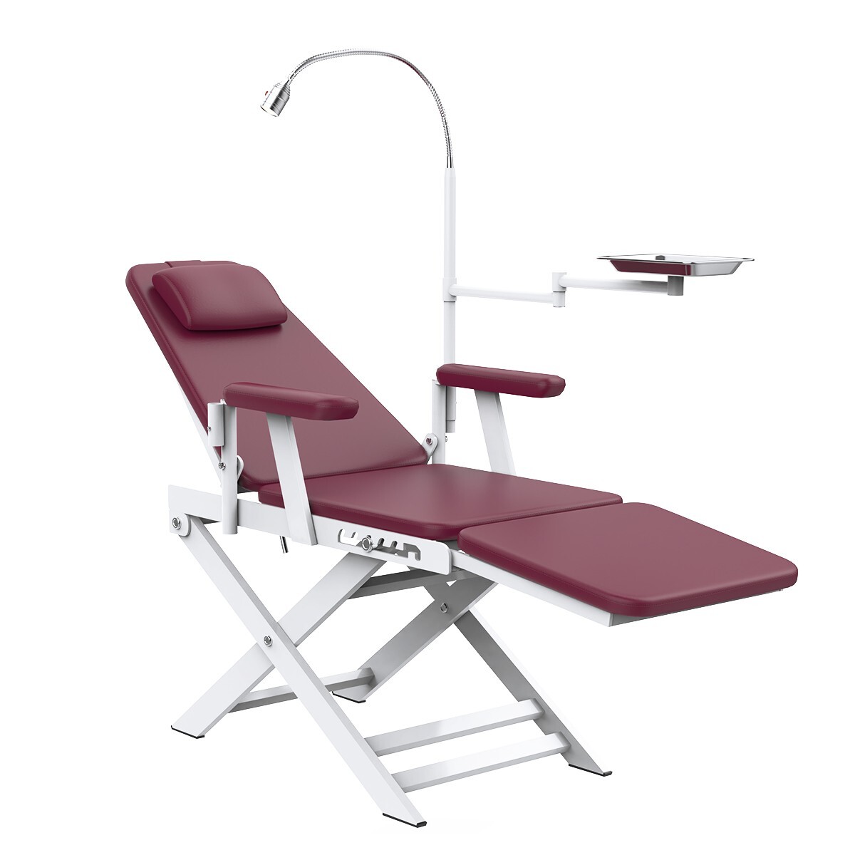Portable Dental Mobile Folding Chair PU Leather with LED Light & Tray Wine Red