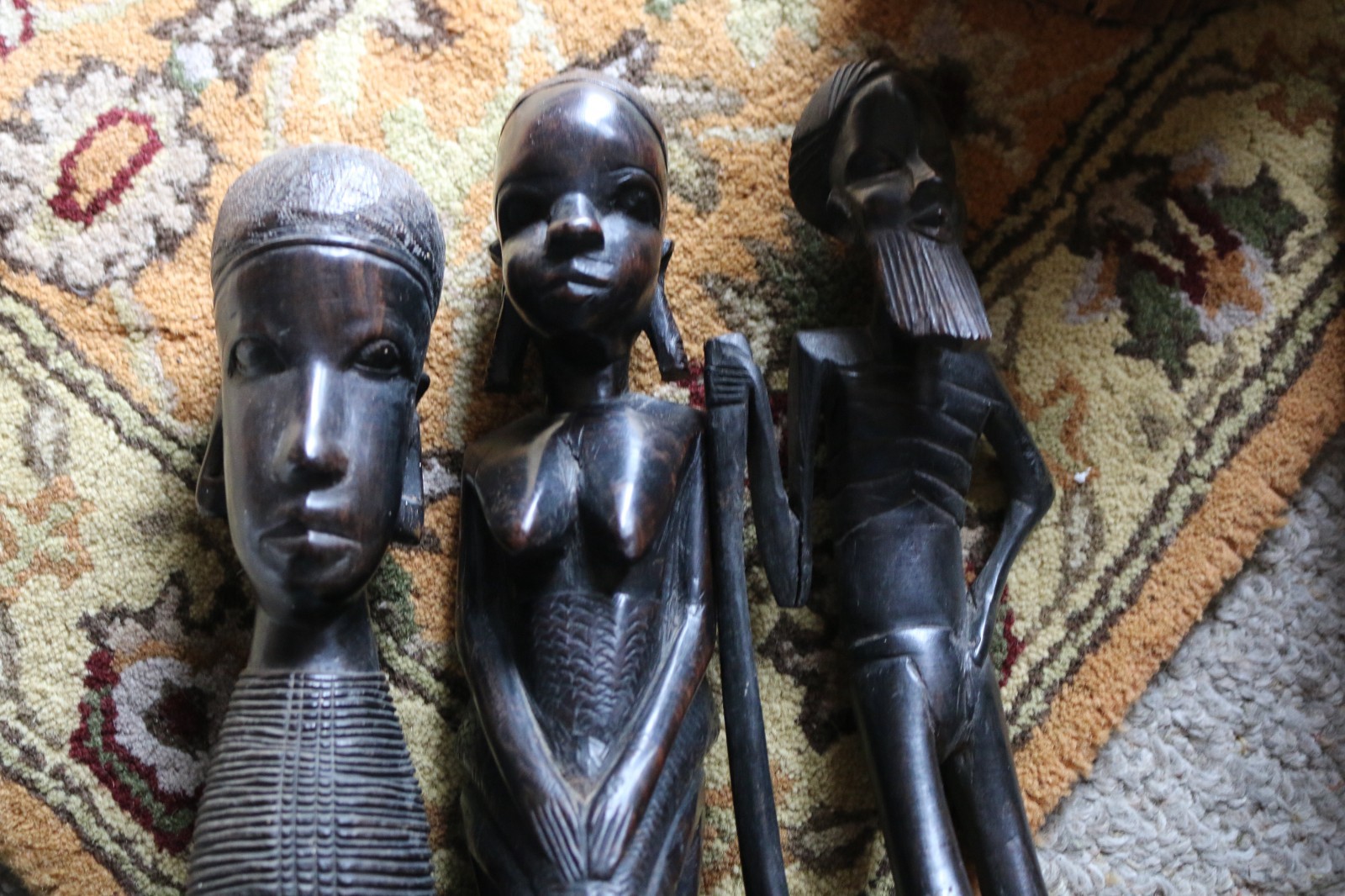 3 Mid Century African Figures, carved Exotic Ebony ,