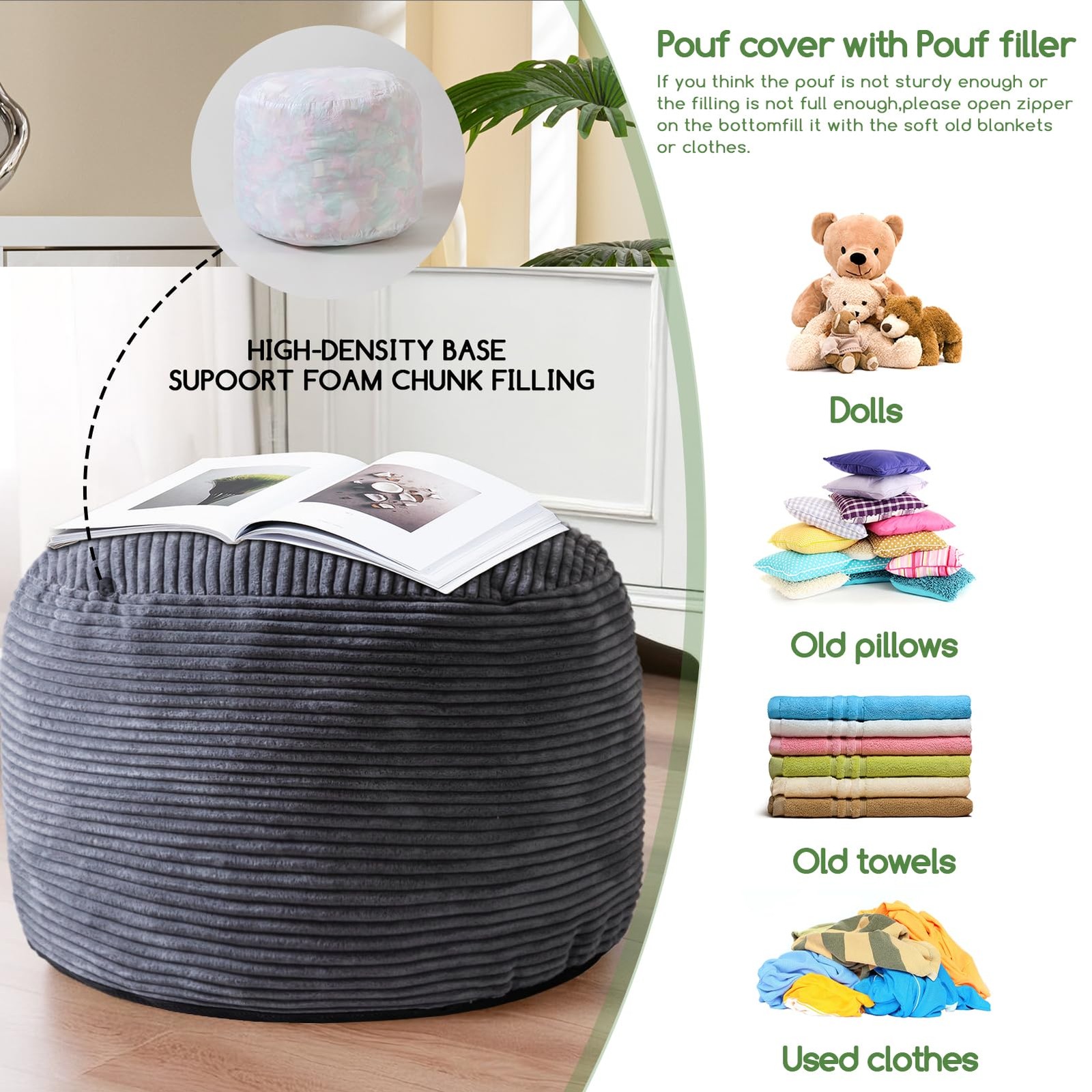 Round Stuffed Pouf Ottoman, Corduroy Poufs with Foam Chunk Filling, Furry and...