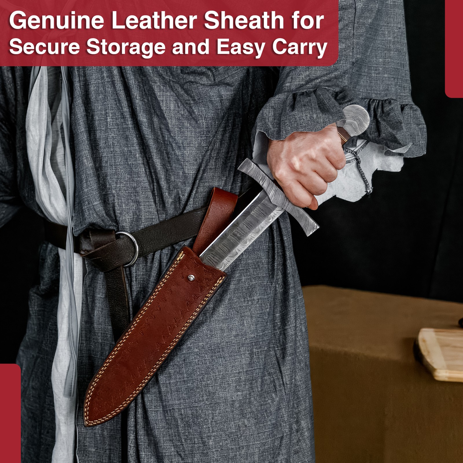 Damascus Steel Arming Dagger Full Tang Short Sword Sheesham Wood Brass w/ Sheath