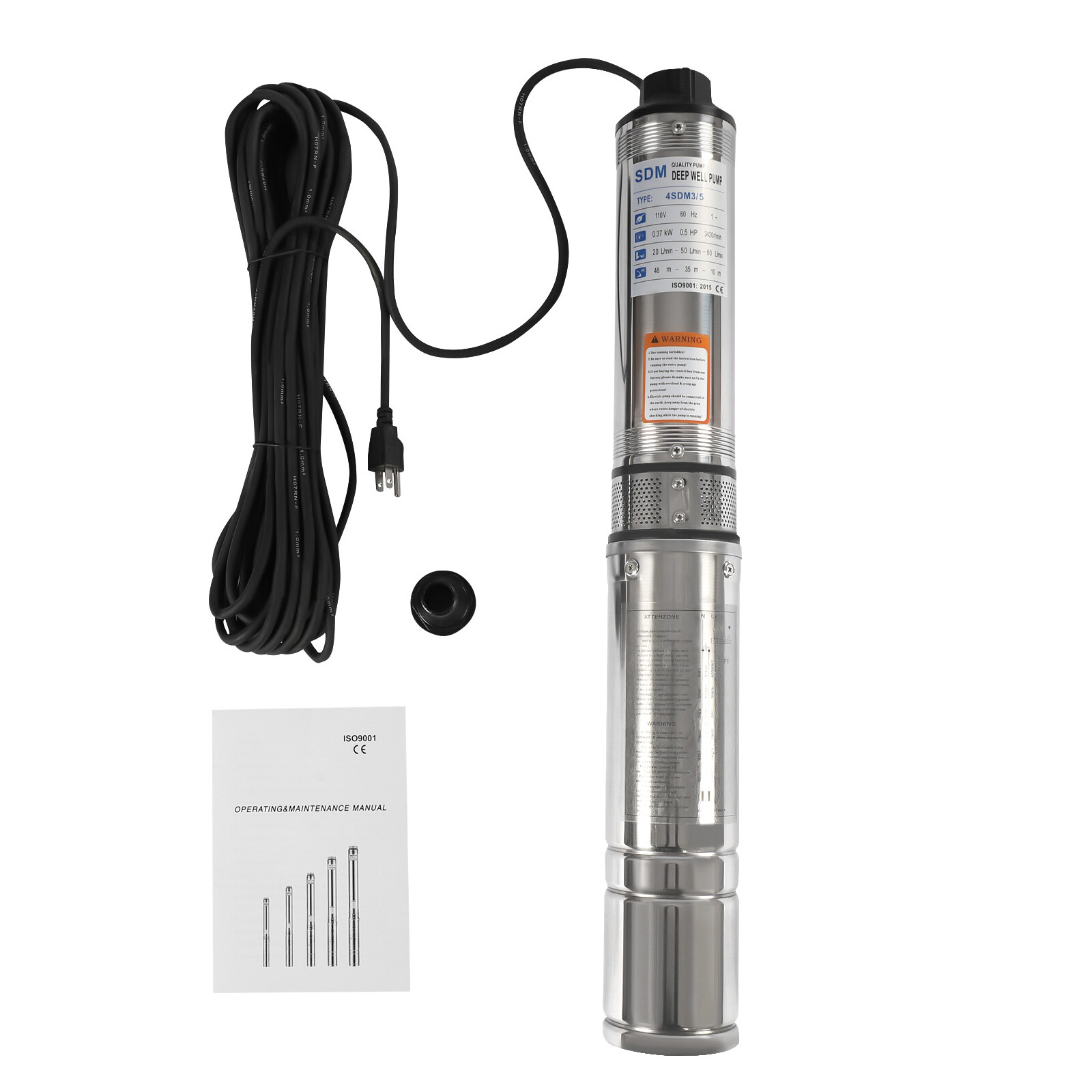 Deep Well Submersible Pump Stainless Steel Water Pump 0.5HP 110V 16GPM 157ft