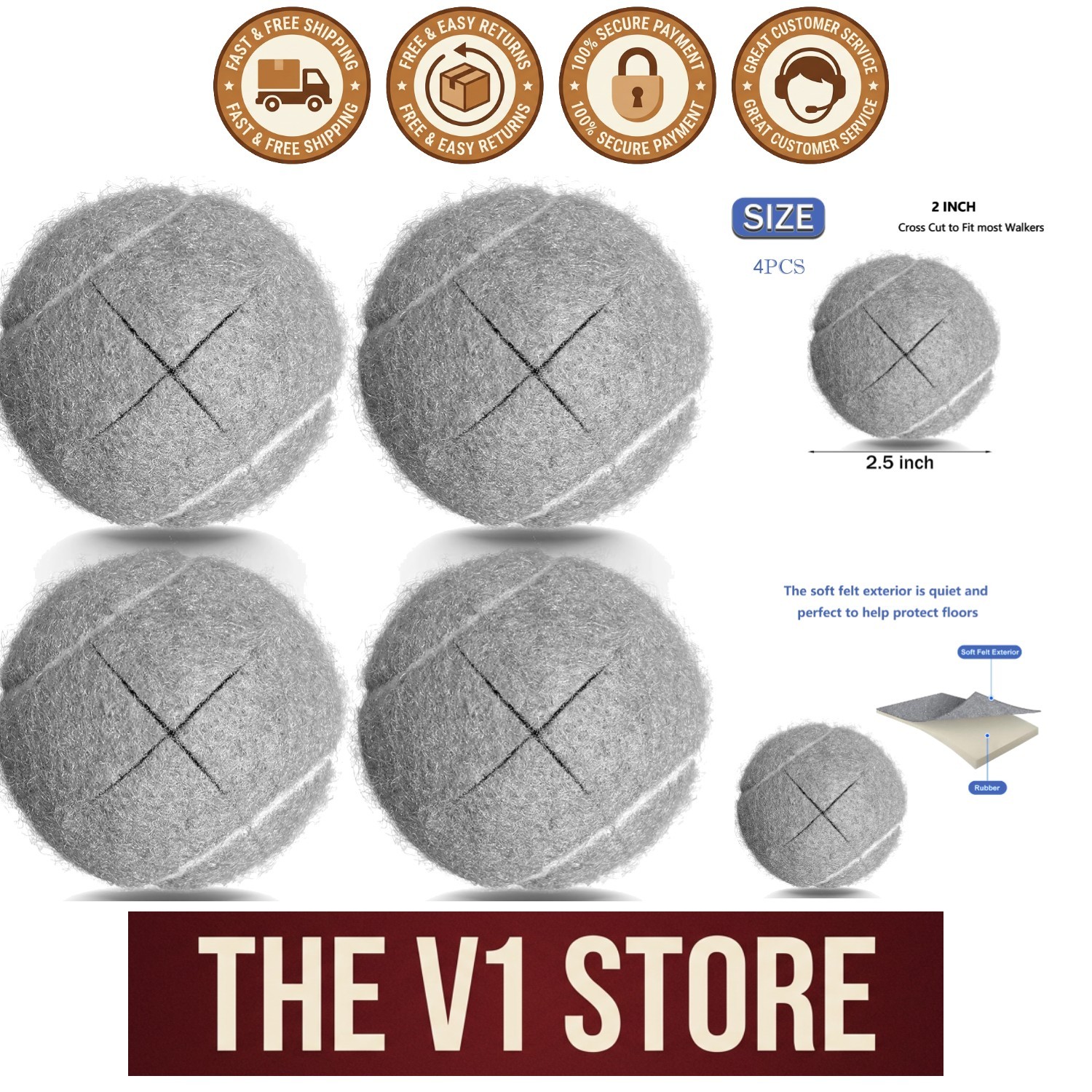 Precut Tennis Balls for Walkers, 4 PCS Heavy Duty Long Lasting - Gray