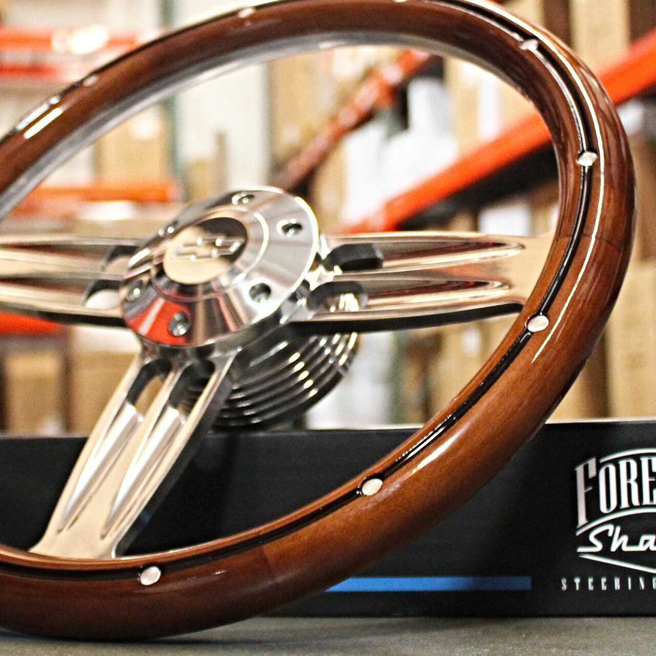 14" Inch Polished & Wood Steering Wheel Chevy Bowtie Horn , 6 Hole C10 Camaro