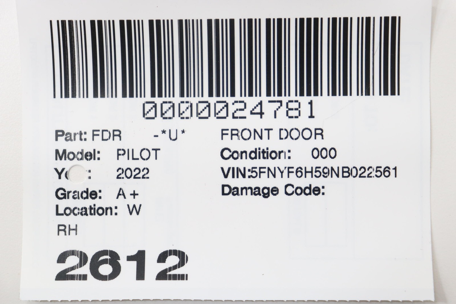 2016-2022 HONDA PILOT FRONT RIGHT PASSENGER SIDE DOOR ASSEMBLY OEM SILVER_NH830M