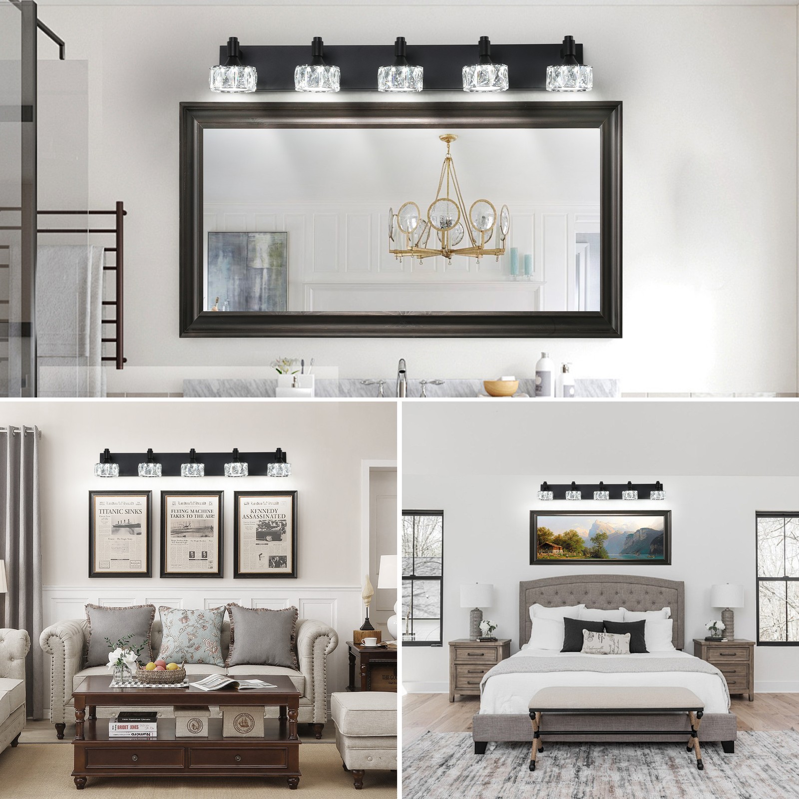 Black 36'' Vanity 5 Light Crystal for Bathroom Mirror Wall Lamp Dimmable Fixture