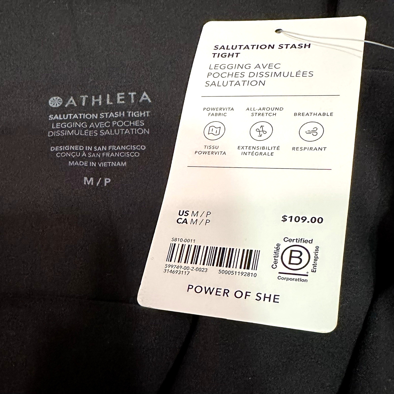 NWT Athleta Salutation Stash Tight MEDIUM PETITE M/P Black Yoga Compression