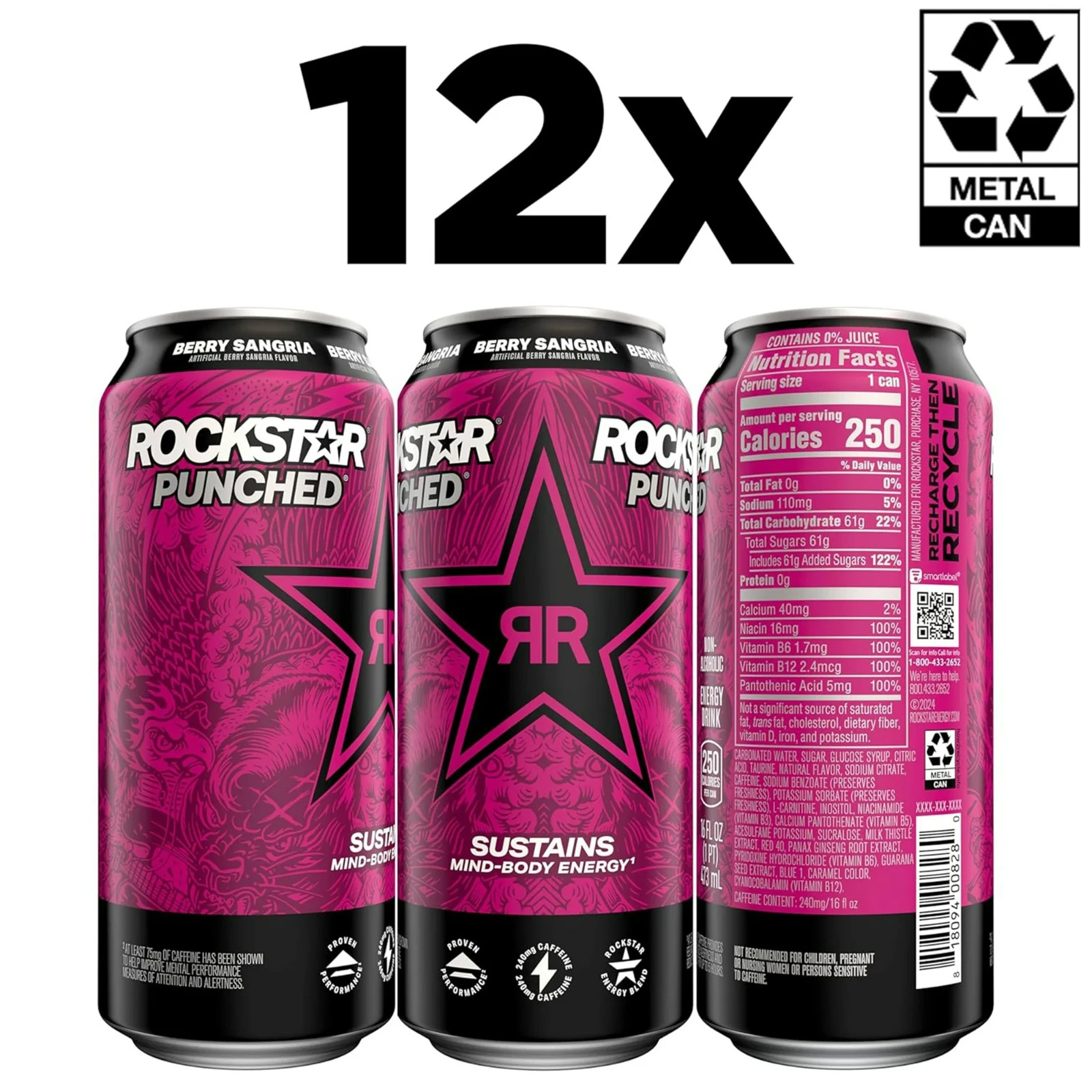 Rockstar Punched Berry Sangria Energy Drink 16oz Cans (12 Pack) 240mg Caffeine