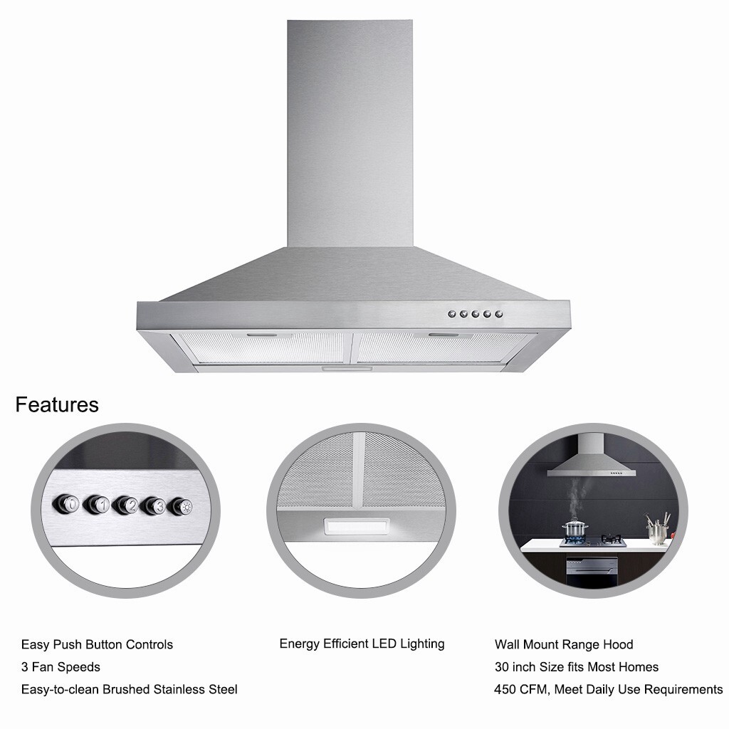 30 in Wall Mount Range Hood Stainless Steel 450CFM Convertible Kitchen Vent New