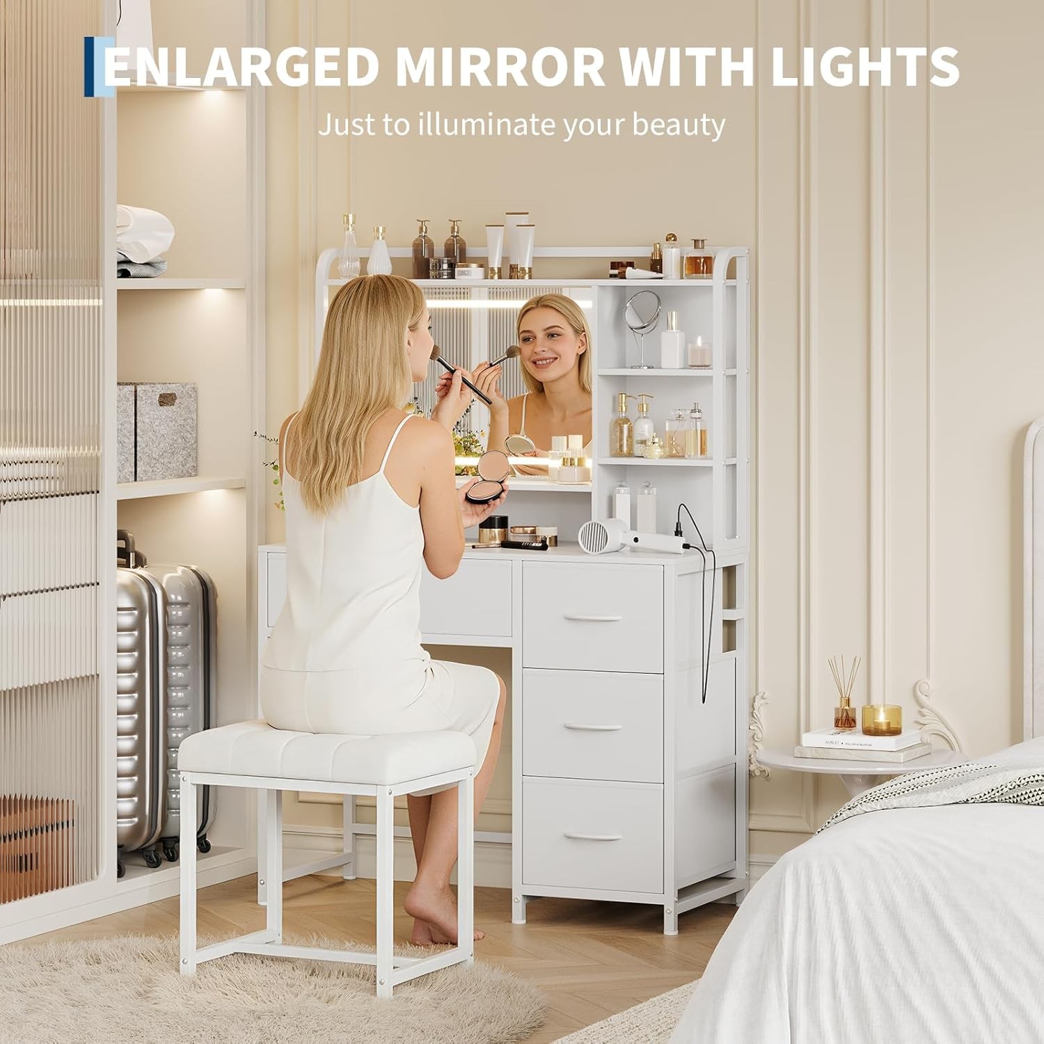 Modern Makeup Vanity for Girls: 35.4" Desk W/ Mirror & 4 Fabric Storage Drawers