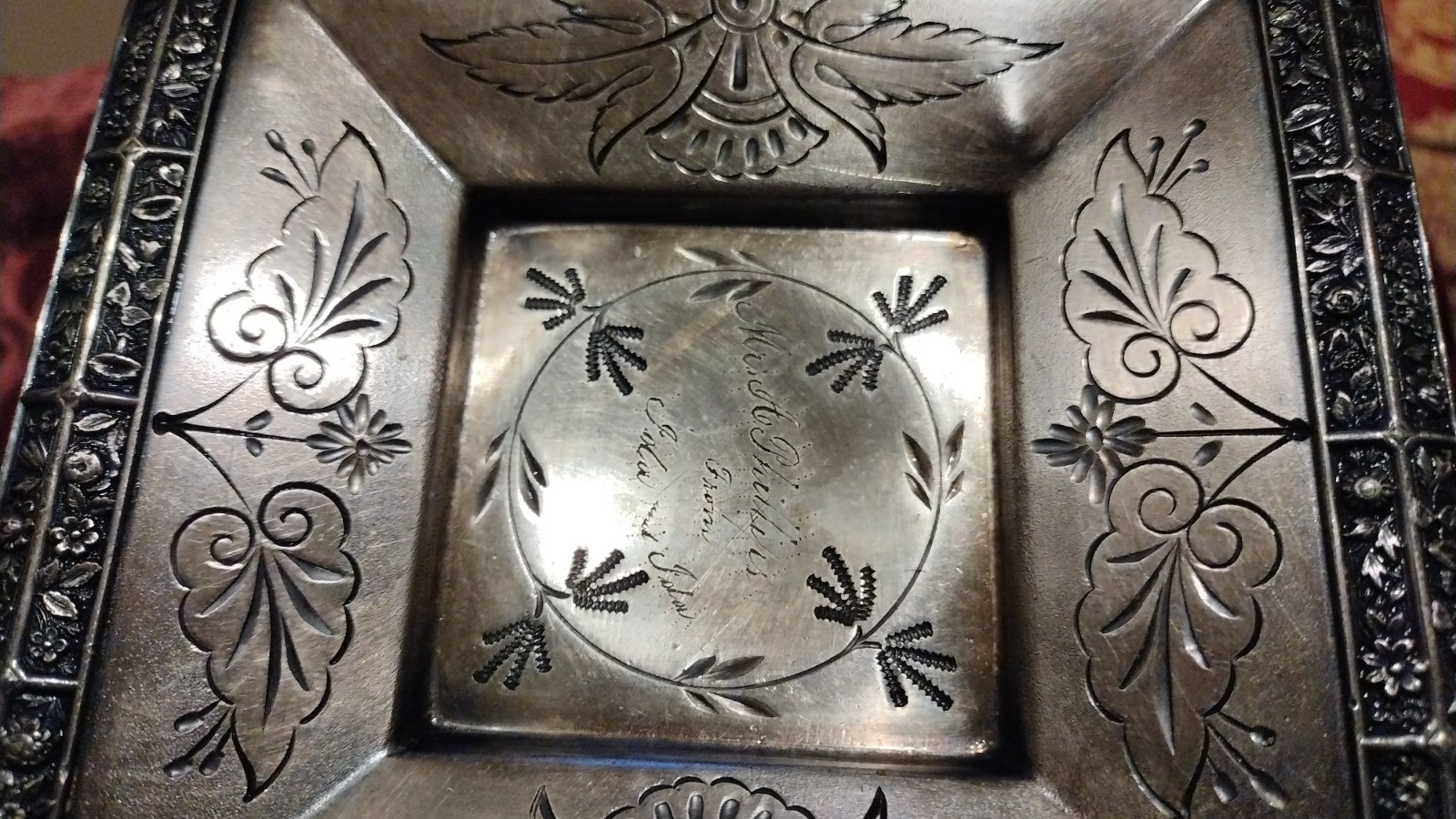 Antique Victorian  unique Art Nouveau Dark Silver Plate Calling Card Repousse