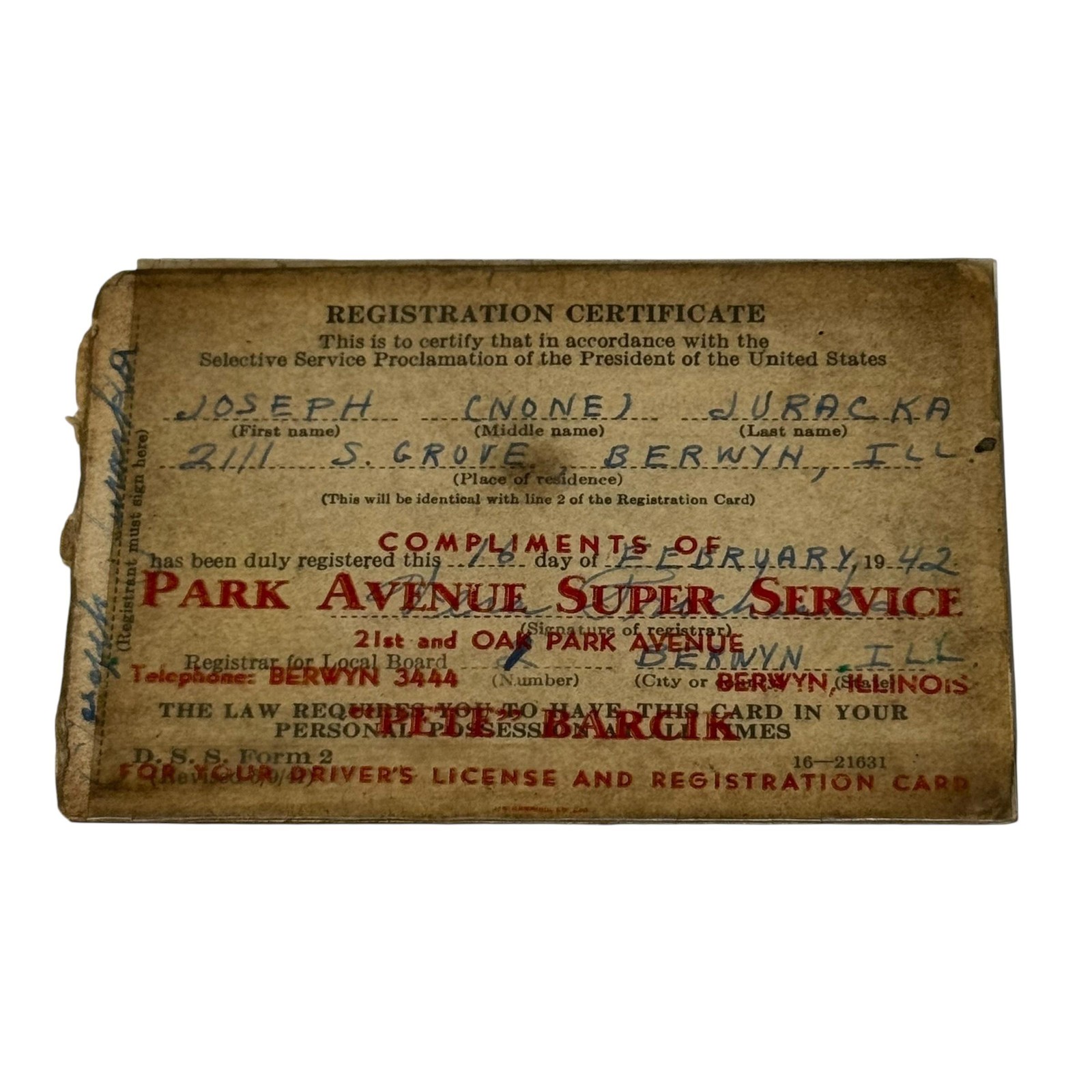 Vintage 1942 WWII Selective Service Registration Certificate Military USA Berwyn