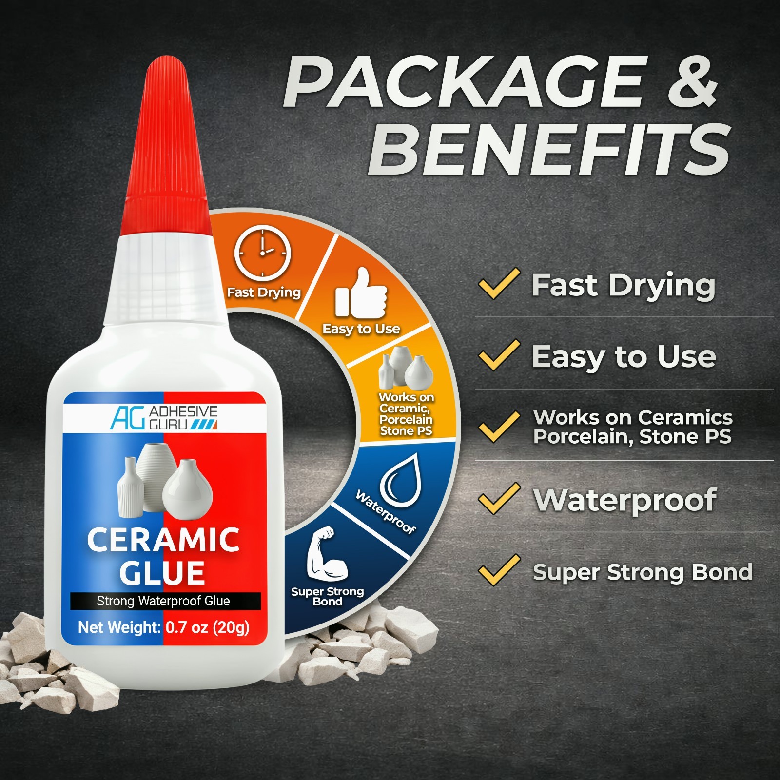 Adhesive Guru Ceramic Glue (150x0.7oz) Super Glue for Pottery, Porcelain & China
