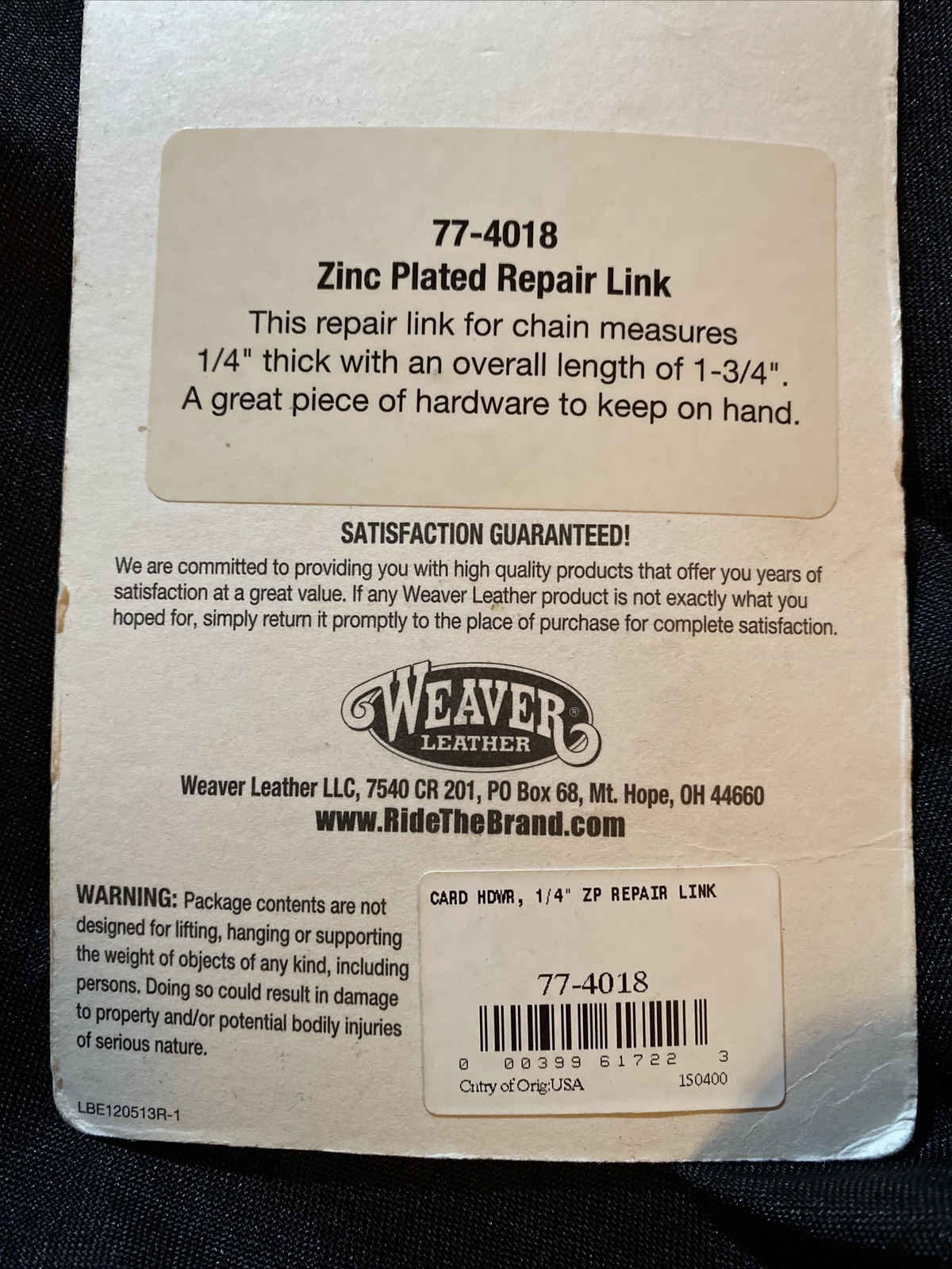 WEAVER LEATHER CARD HDWR, 1/4" ZInc Plated REPAIR LINK Set Of 2 Packs