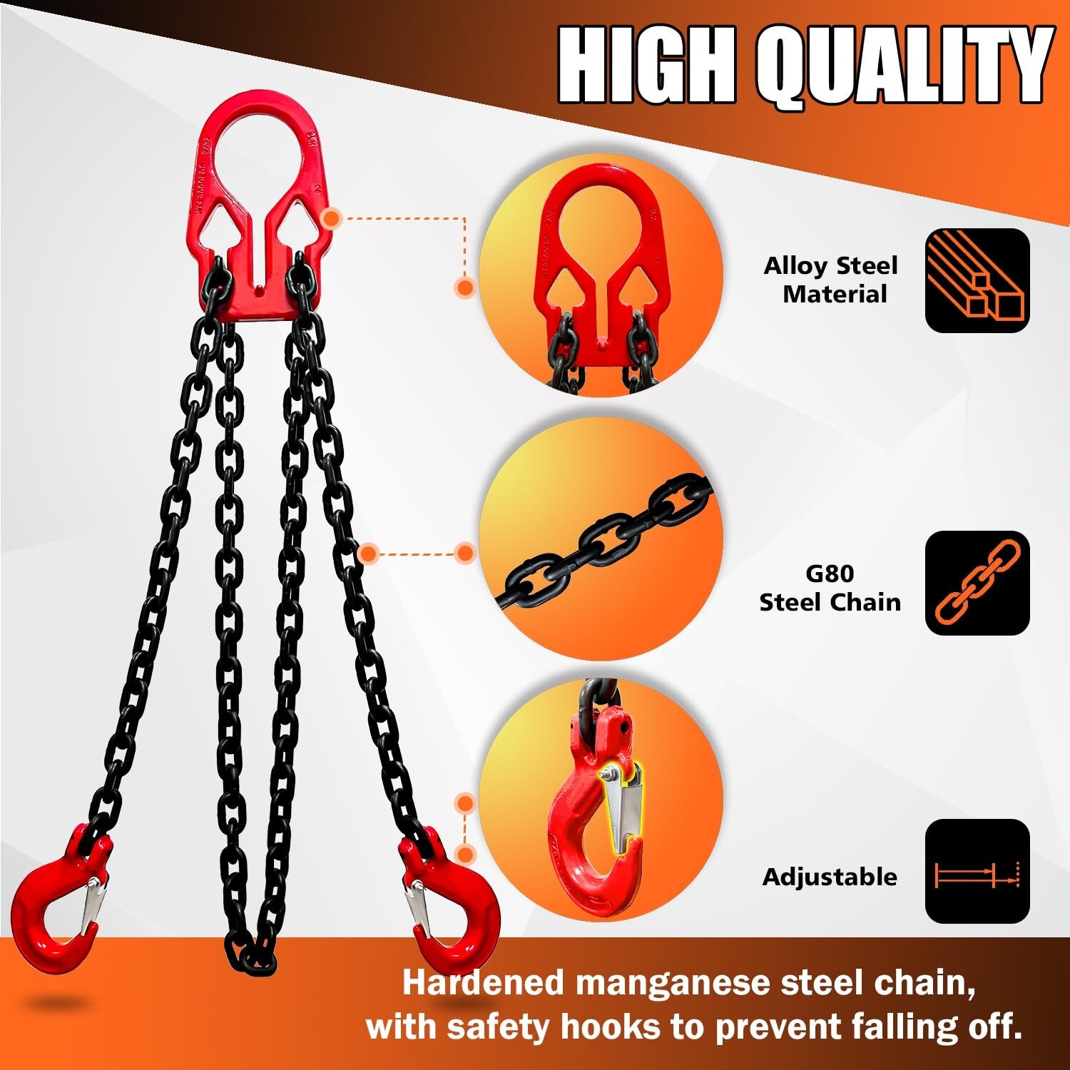 Adjustable Chain Sling 10FT 5/16”, 3.18 Ton G80 Alloy Steel Double Leg Slings