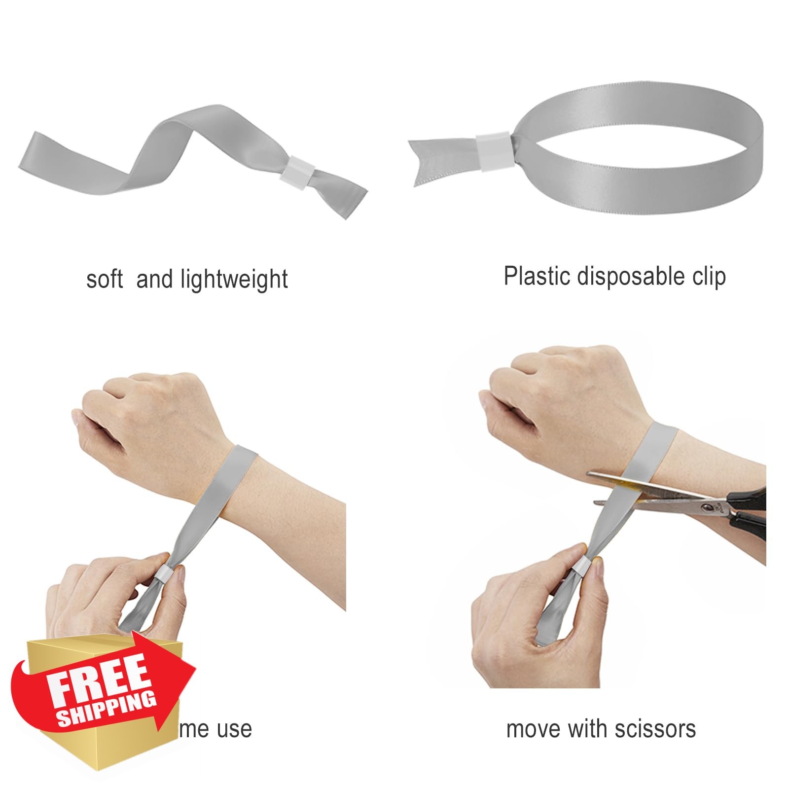 100 Pcs Gray Fabric Event Wristbands, Adjustable, Secure Snap, Disposable