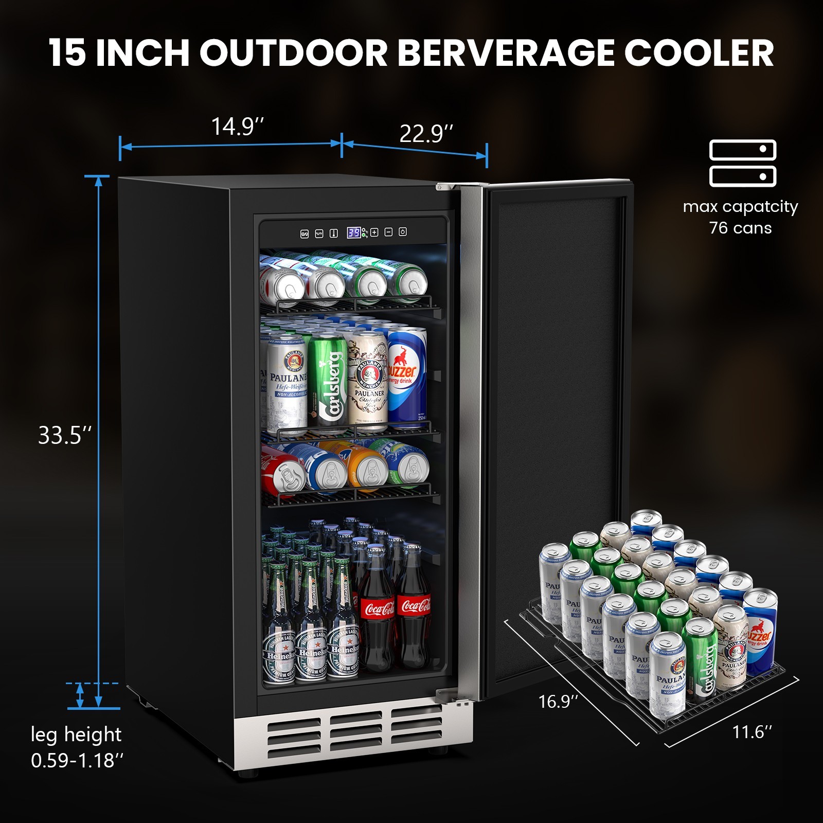 15 Inch Beverage Cooler and Refrigerator Under Counter Built-in or Freestanding