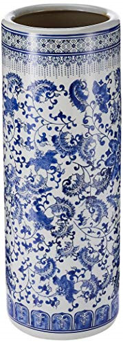 Oriental Furniture 24" Floral Blue & White Porcelain Umbrella Stand